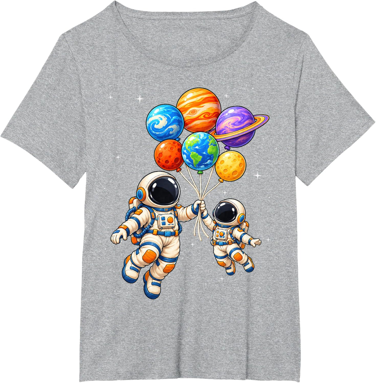 Two Astronauts Floating Together with Solar System Balloons T-Shirt - Heather Grey