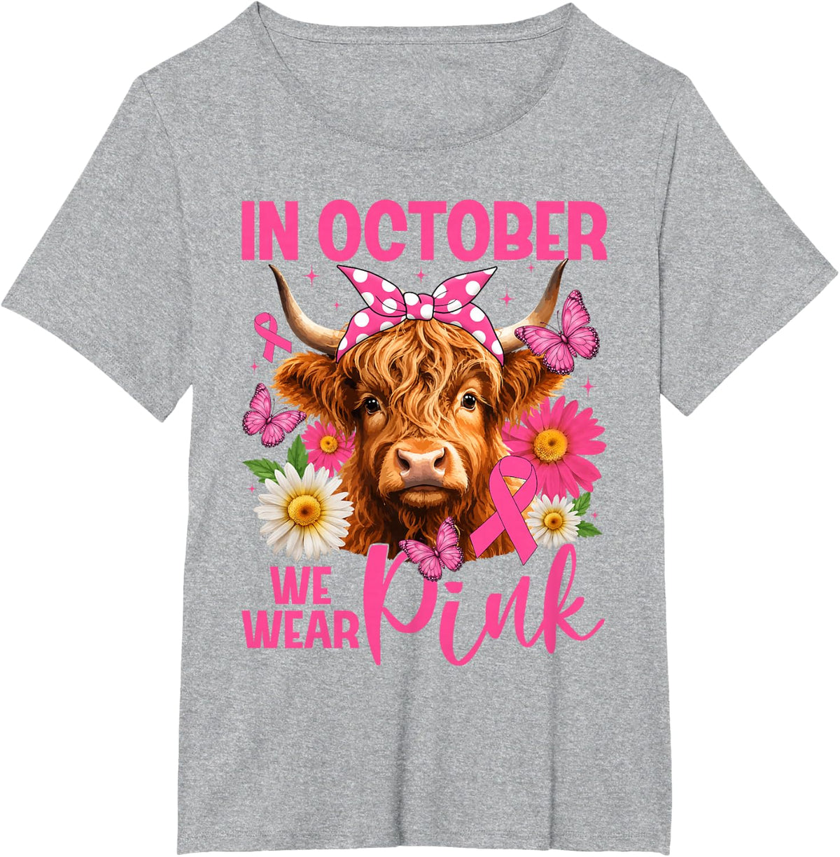 in October We Wear Pink Highland Cow Breast Cancer Women T-Shirt - Heather Grey