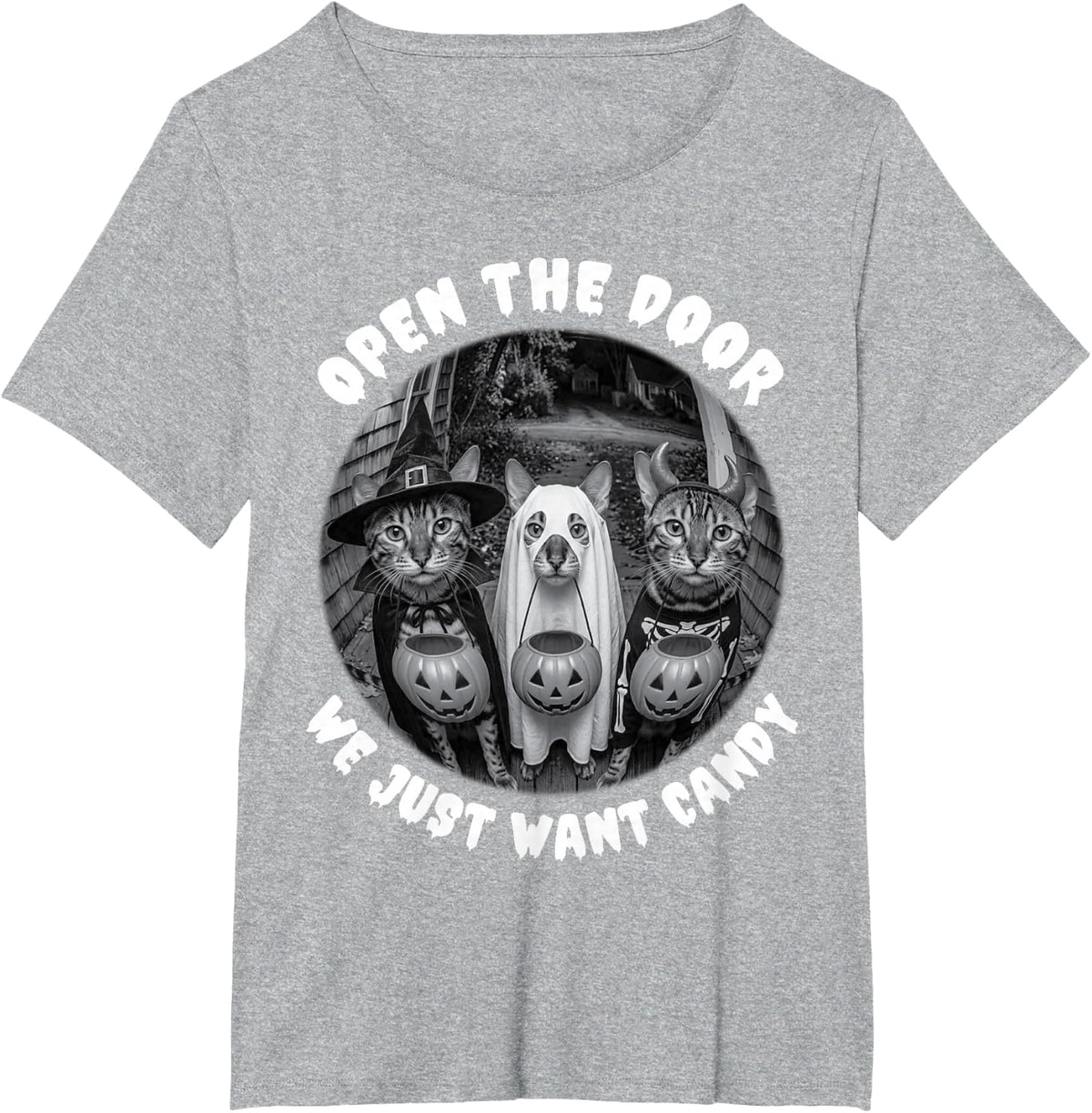 Bengal Cat Open The Door We Just Want Candy Spooky Halloween T-Shirt - Heather Grey