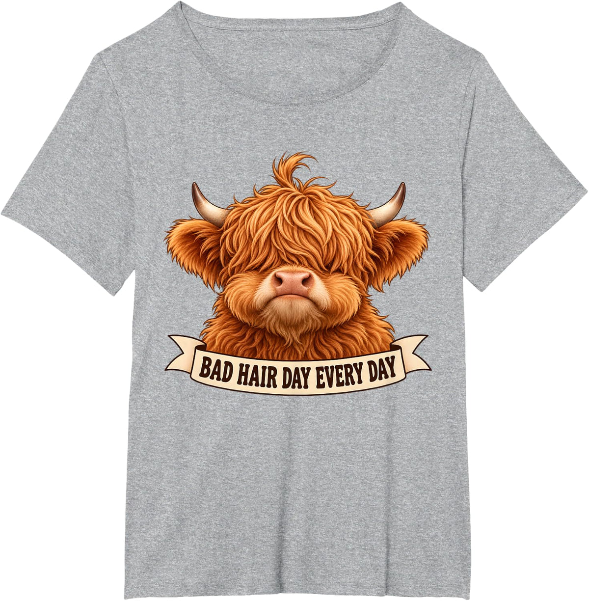 Highland Cow Bad Hair Day Every Day Funny Messy Hair Cow T-Shirt - Heather Grey