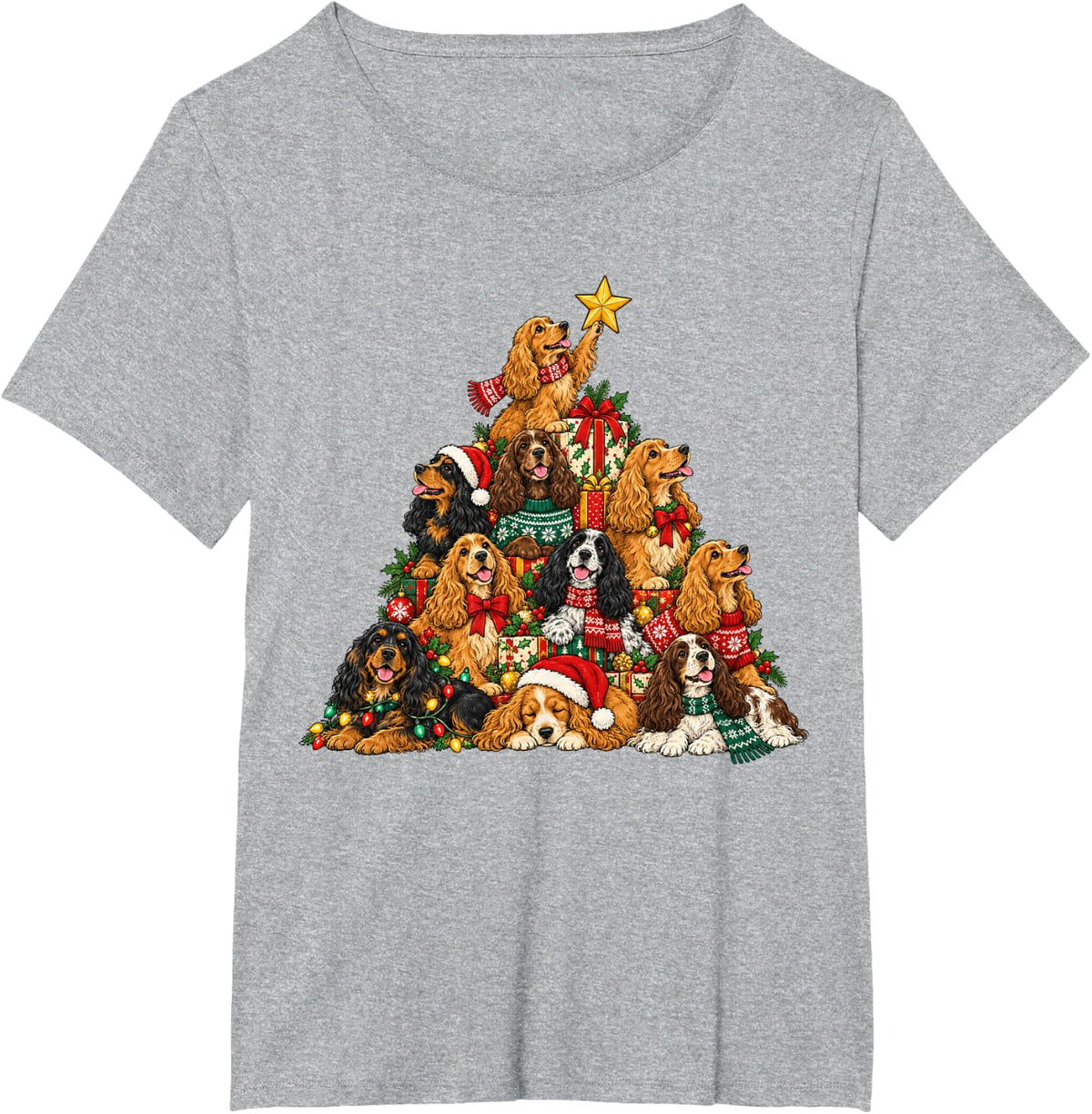Funny English Cocker Spaniel Christmas Lights Tree Dog Lover T-Shirt - Heather Grey