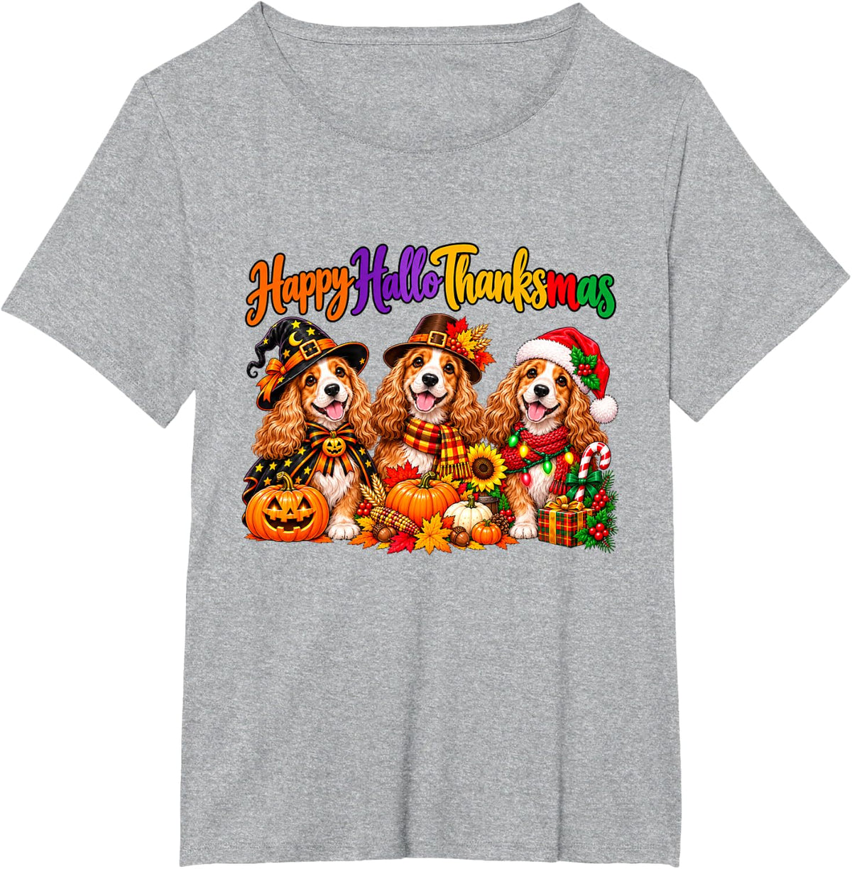 English Cocker Spaniel Happy Hallothanksmas Halloween T-Shirt - Heather Grey