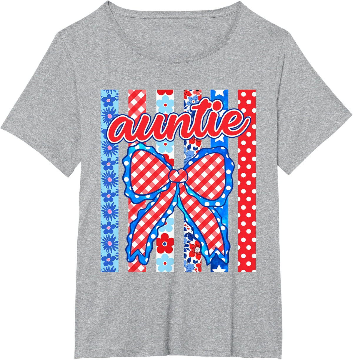 Auntie Striped Bow Flowers Patriotic Funny 4th of July T-Shirt - Heather Grey