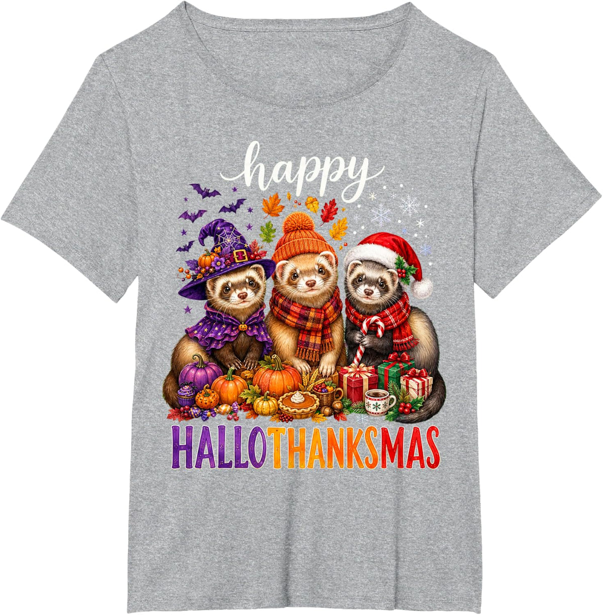 Happy HalloThankMas Xmas Halloween Thanksgiving Ferrets T-Shirt - Heather Grey