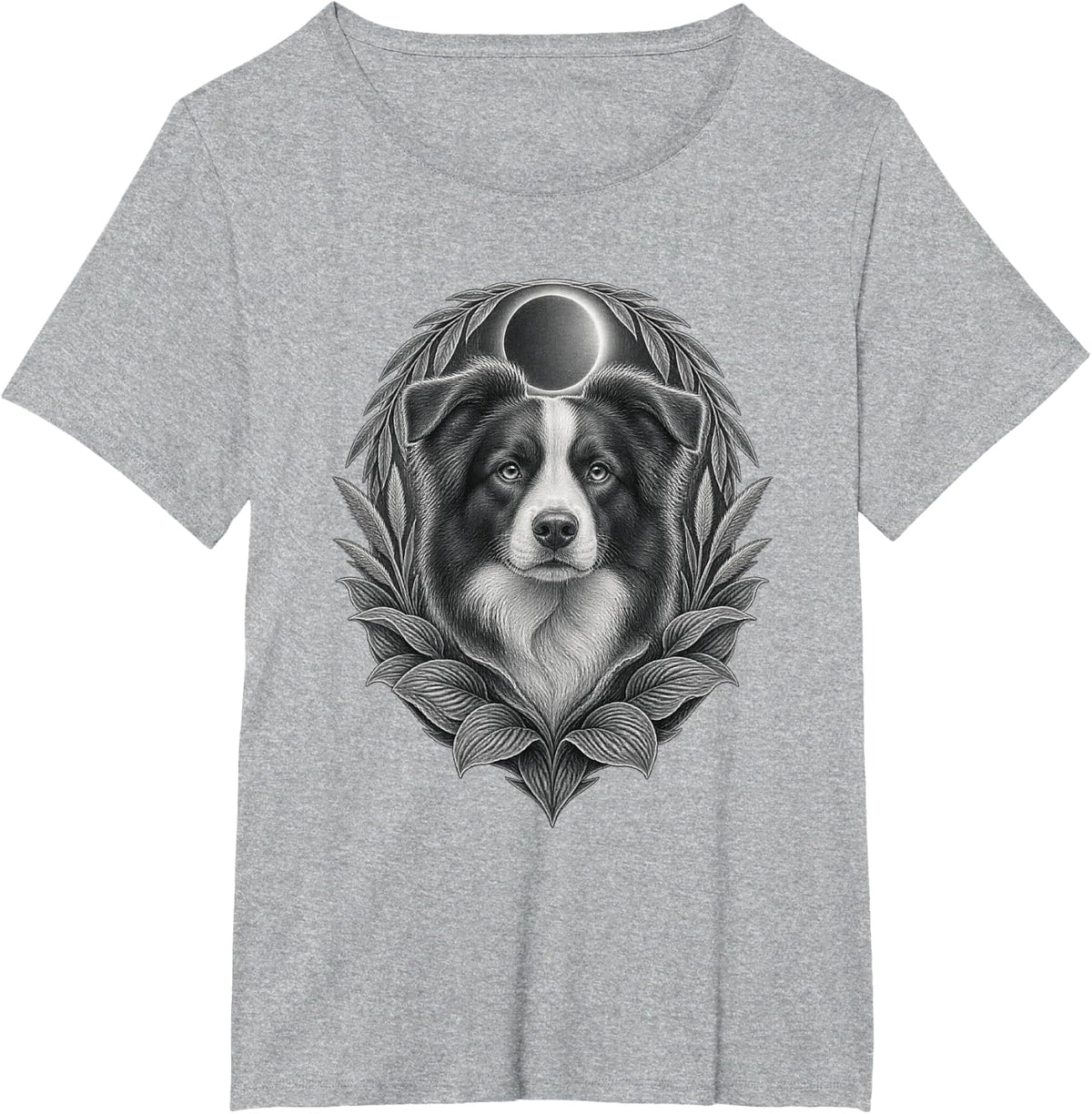 Border Collie with Botanical Wreath and Eclipse Halo T-Shirt - Heather Grey