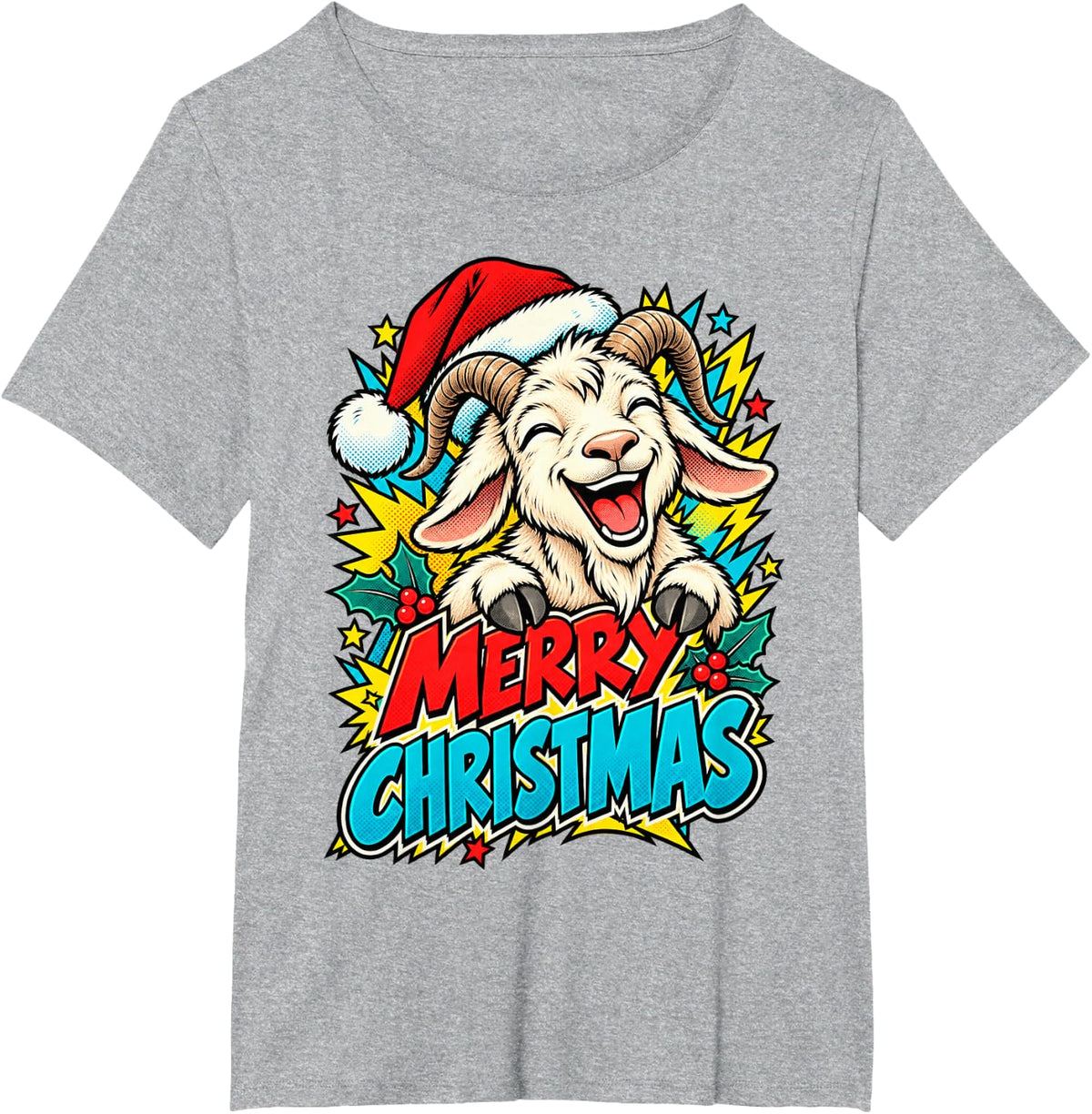 Merry Christmas Smiling Goat Pop Art Santa Men Women Kids T-Shirt - Heather Grey