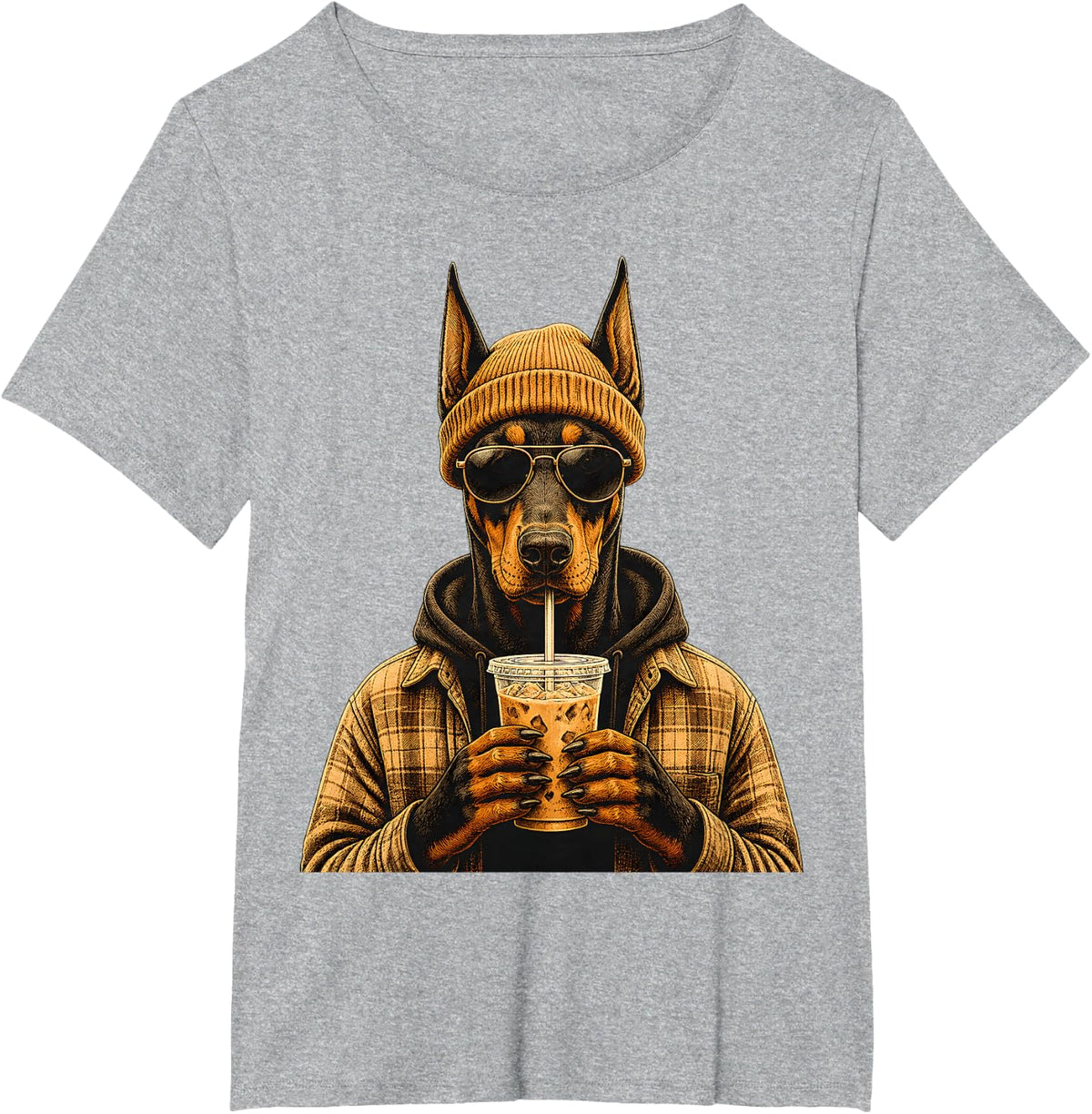 Hipster Doberman Pinscher Iced Coffee Dog T-Shirt - Heather Grey