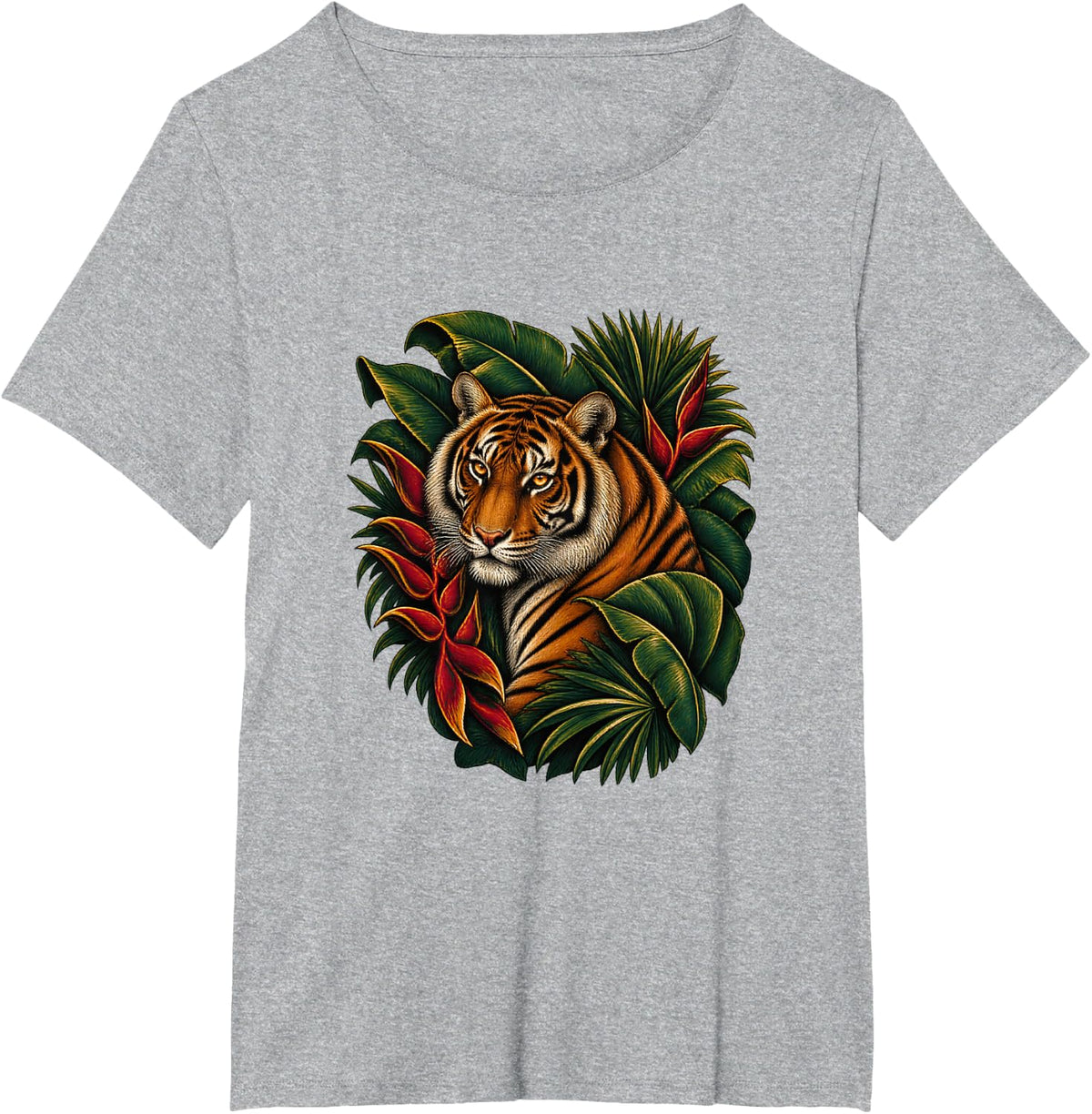 Bengal Tiger Banana Leaf Botanical Feline Illustration T-Shirt - Heather Grey