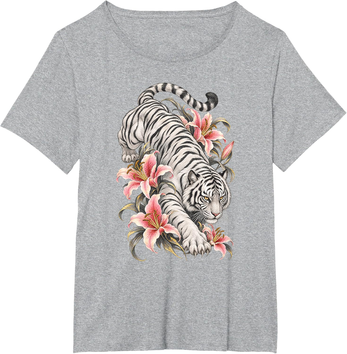 White Bengal Tiger with Pink Lilies Botanical Art T-Shirt - Heather Grey