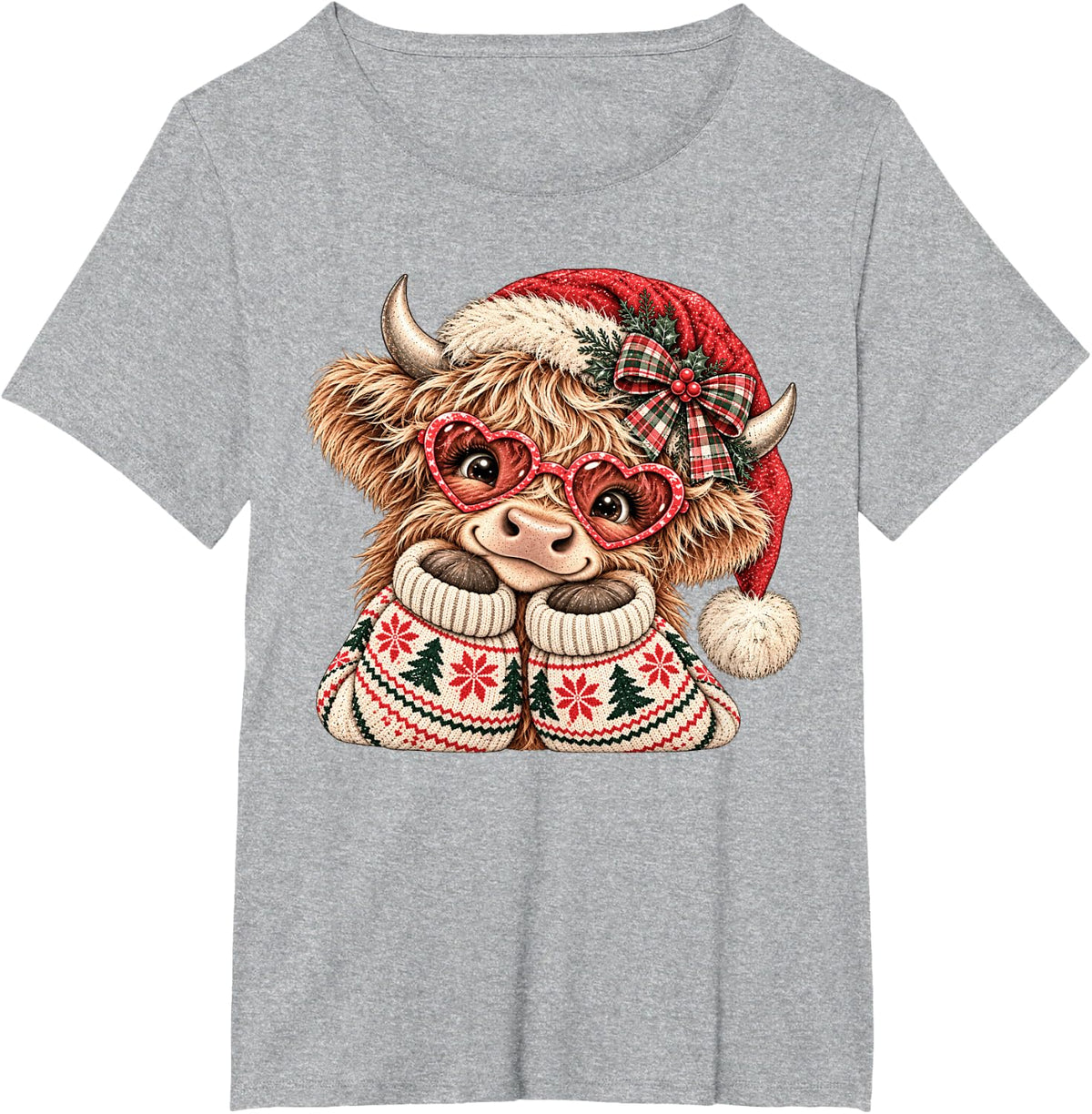 Retro Cute Christmas Highland Cow Santa Hat Xmas Girls Women T-Shirt - Heather Grey