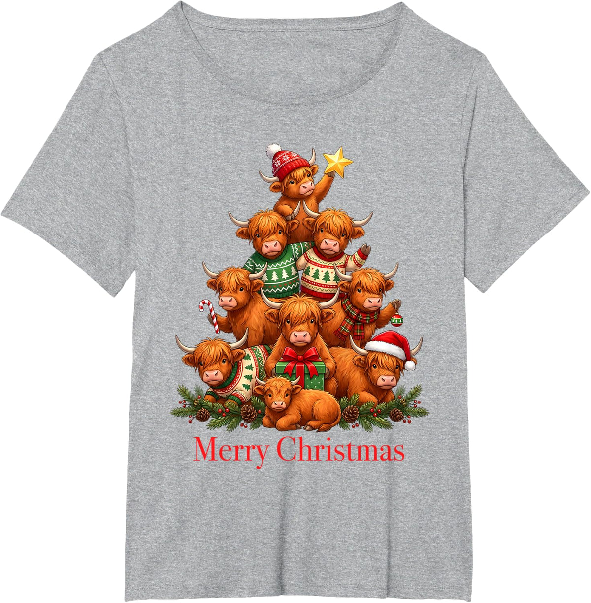 Highland Cow Christmas Tree Merry Christmas Farm Holiday T-Shirt - Heather Grey