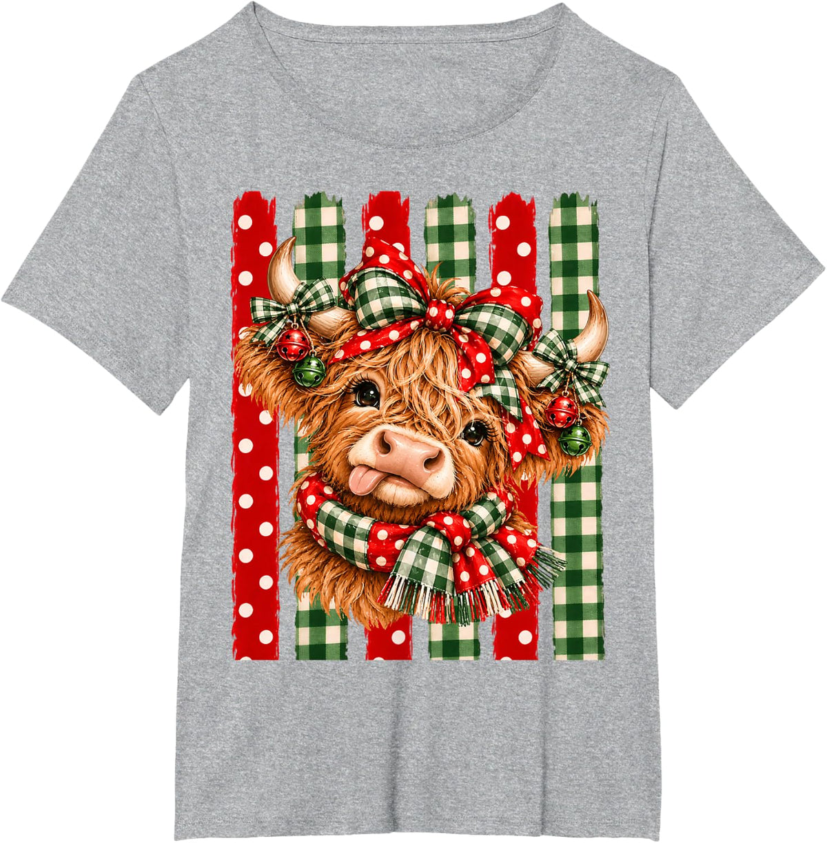 Stripes Western Polka Dot Christmas Highland Cow Holiday T-Shirt - Heather Grey