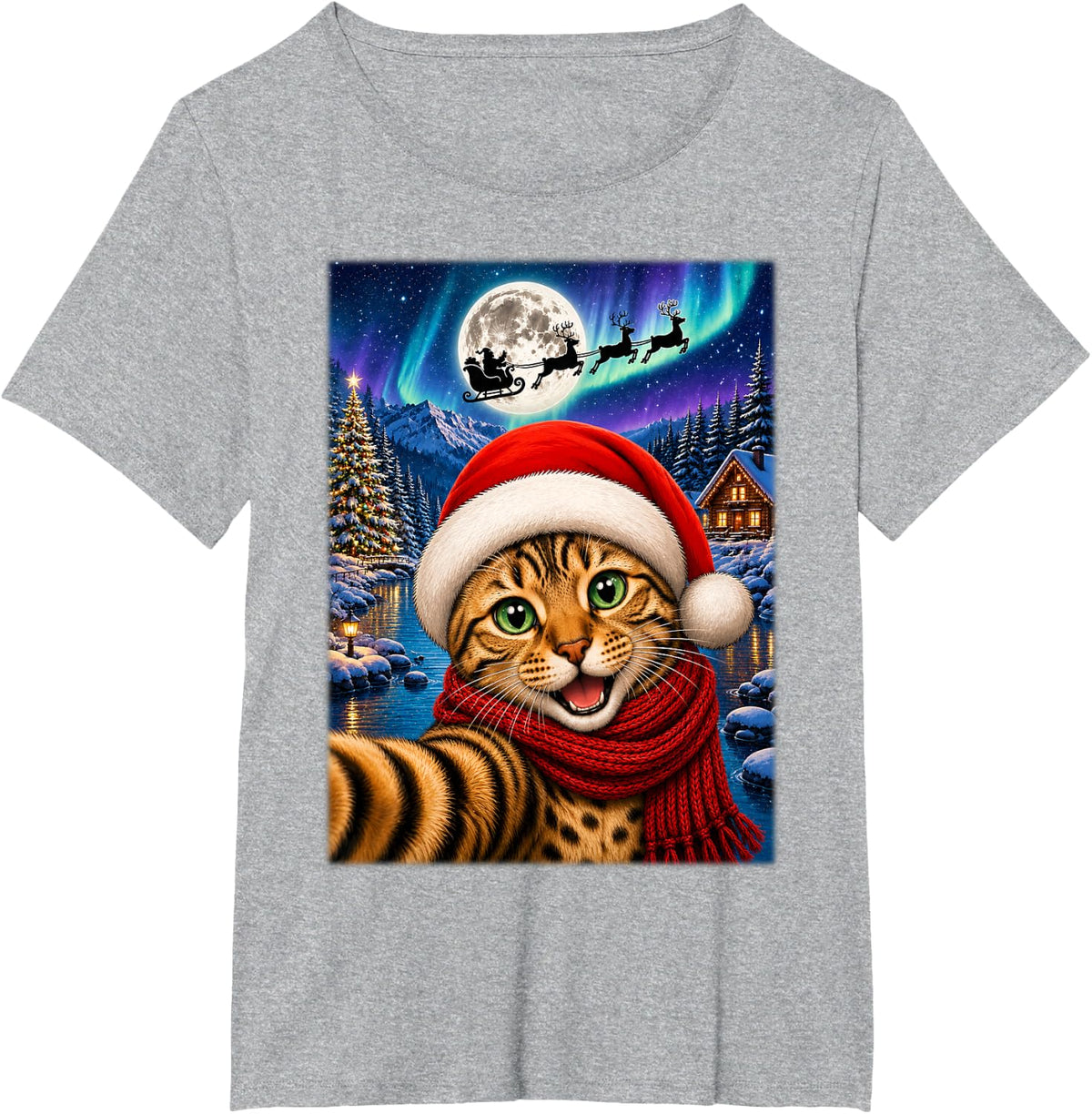 Bengal Cat Christmas Selfie Moon Night Santa Sleigh Xmas T-Shirt - Heather Grey