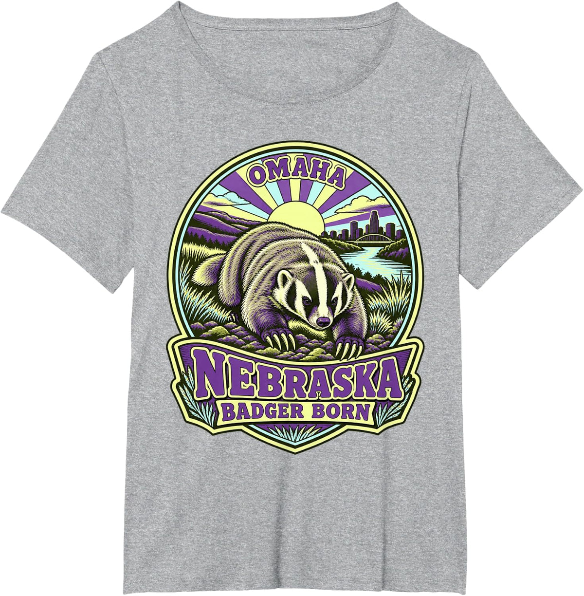 Omaha Nebraska Badger Travel Decal Art T-Shirt - Heather Grey