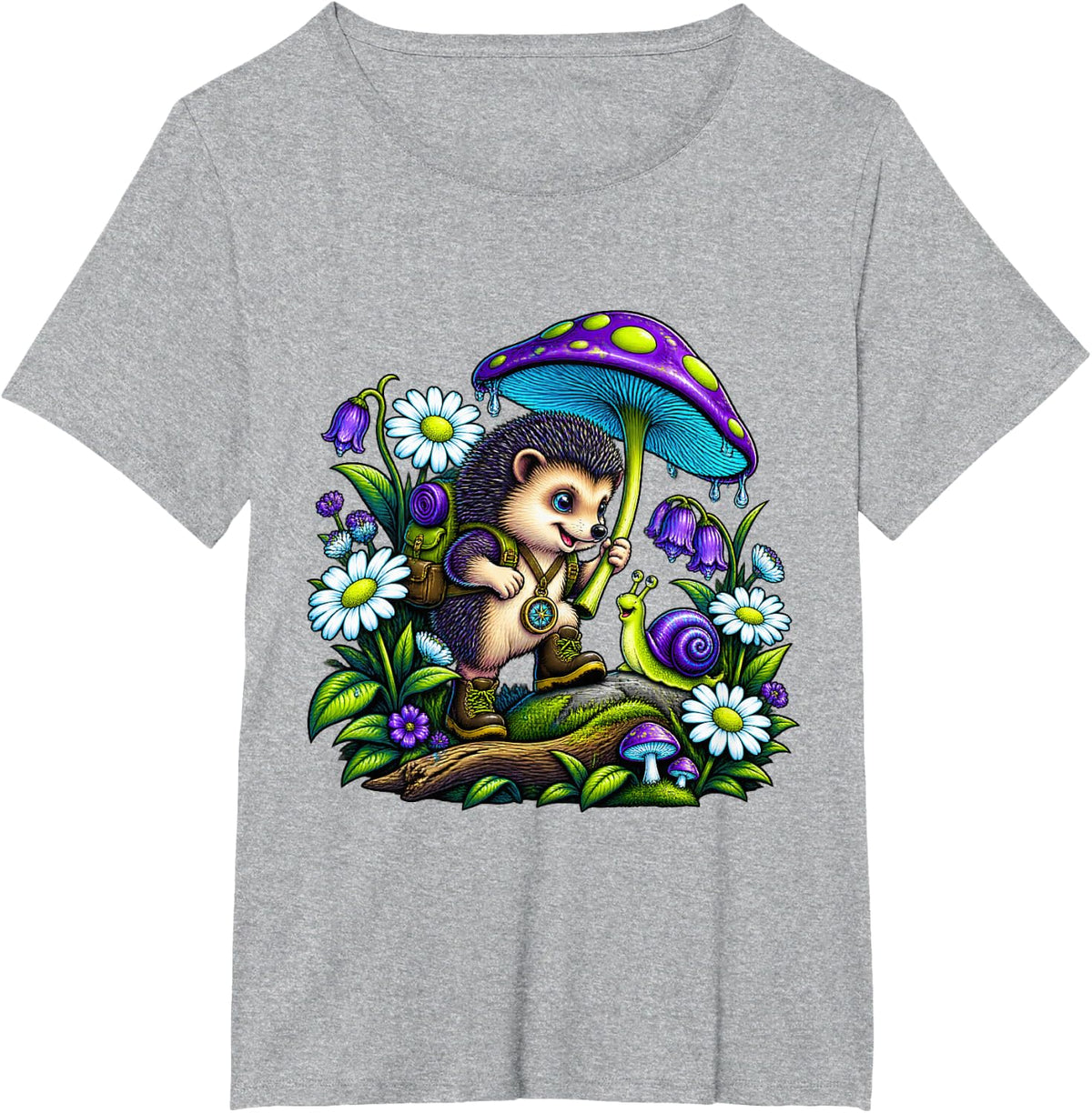 Hedgehog Explorer with Mushroom Umbrella T-Shirt - Heather Grey