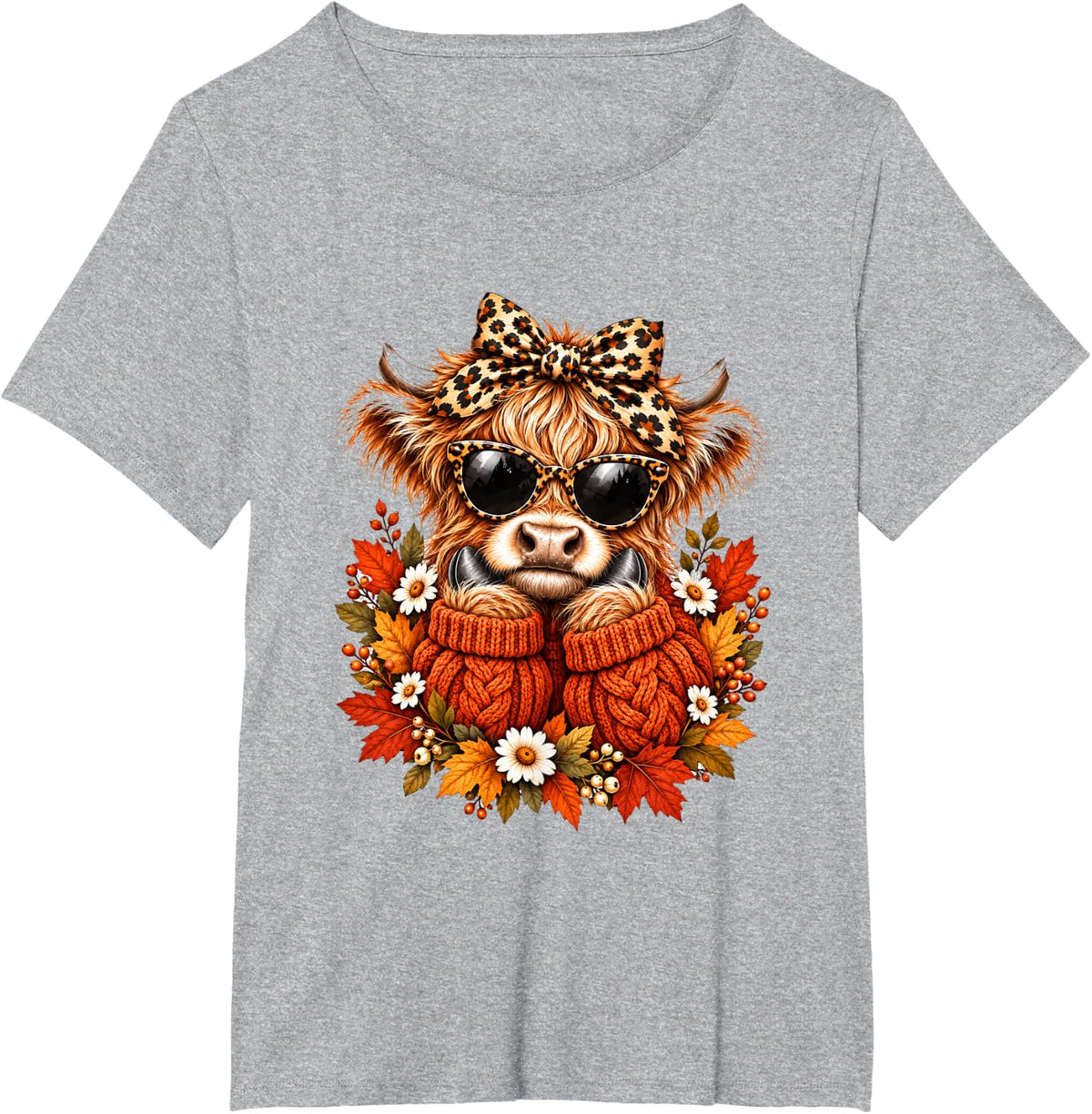 Preppy Fall Highland Cow Leopard Bow Western Autumn T-Shirt - Heather Grey