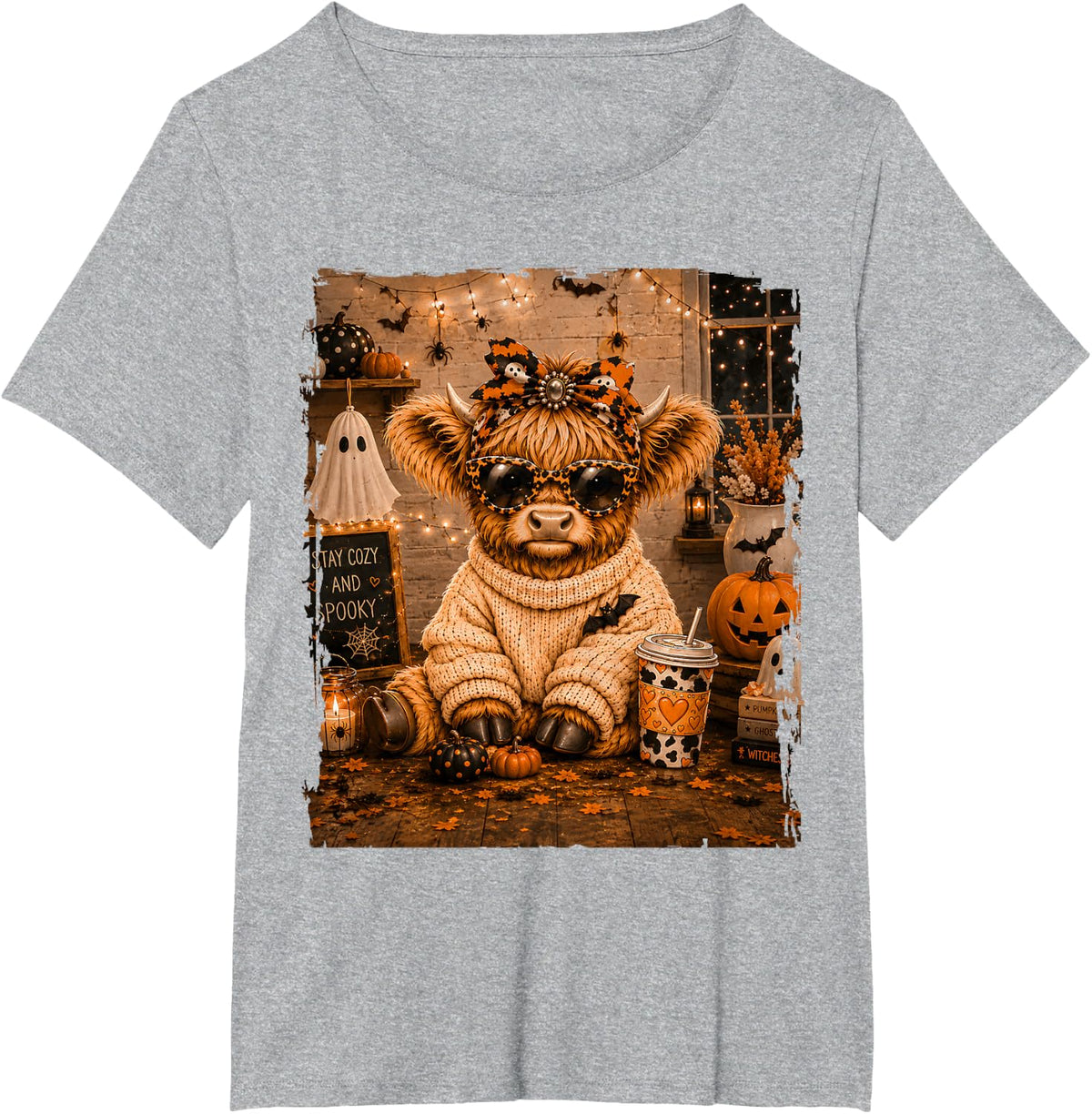Cute Highland Cow Drink Coffee Bow Western Cowgirl Halloween T-Shirt - Heather Grey