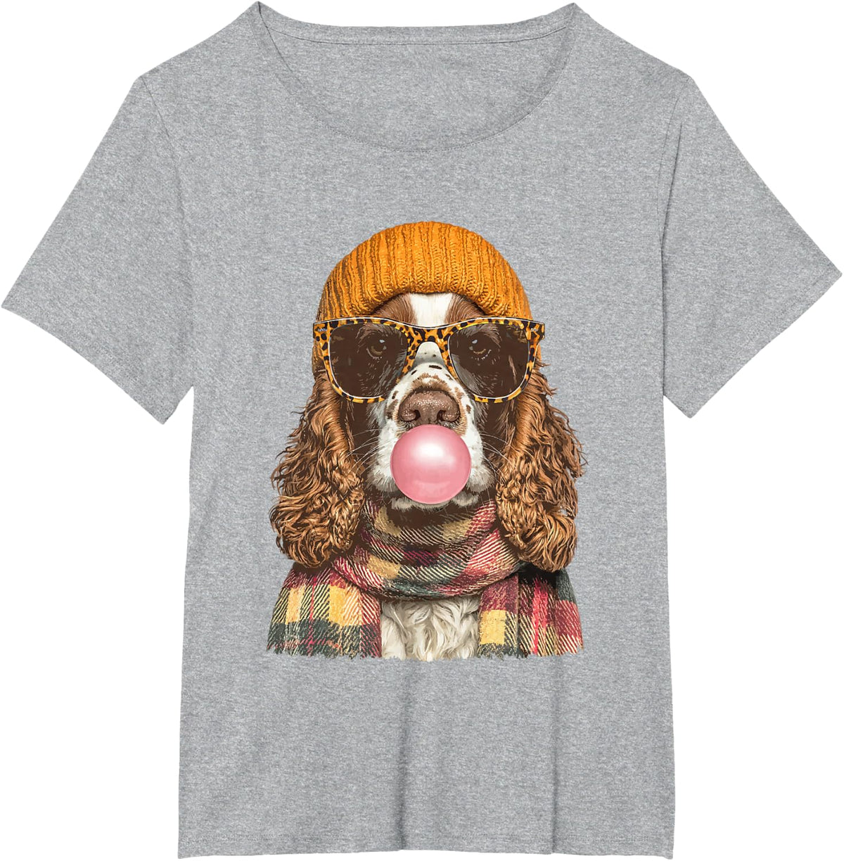Fall Cocker Spaniel with Sunglasses and Bubblegum Autumn Dog T-Shirt - Heather Grey