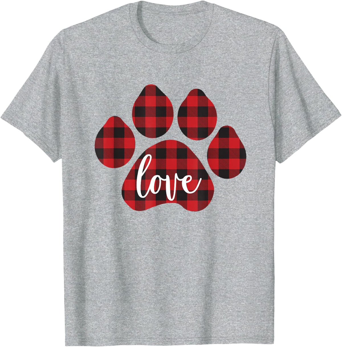 Buffalo Plaid Dog Paw Print Love T-Shirt - Heather Grey