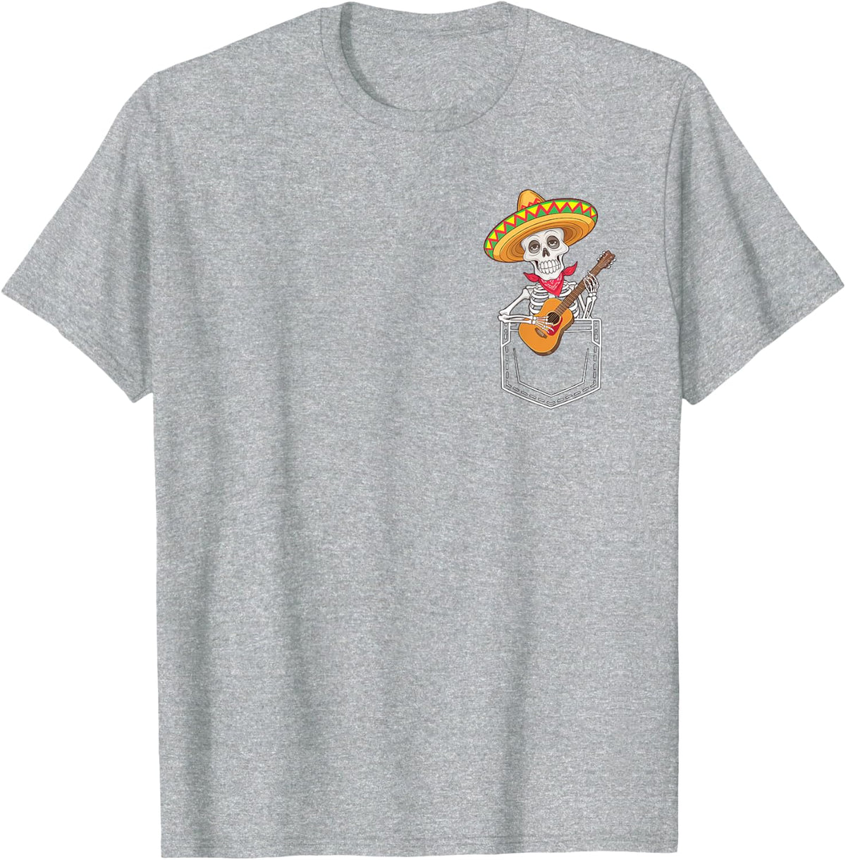 Funny Skeleton Mariachi Guitar Pocket Cinco De Mayo Mexican T-Shirt - Heather Grey