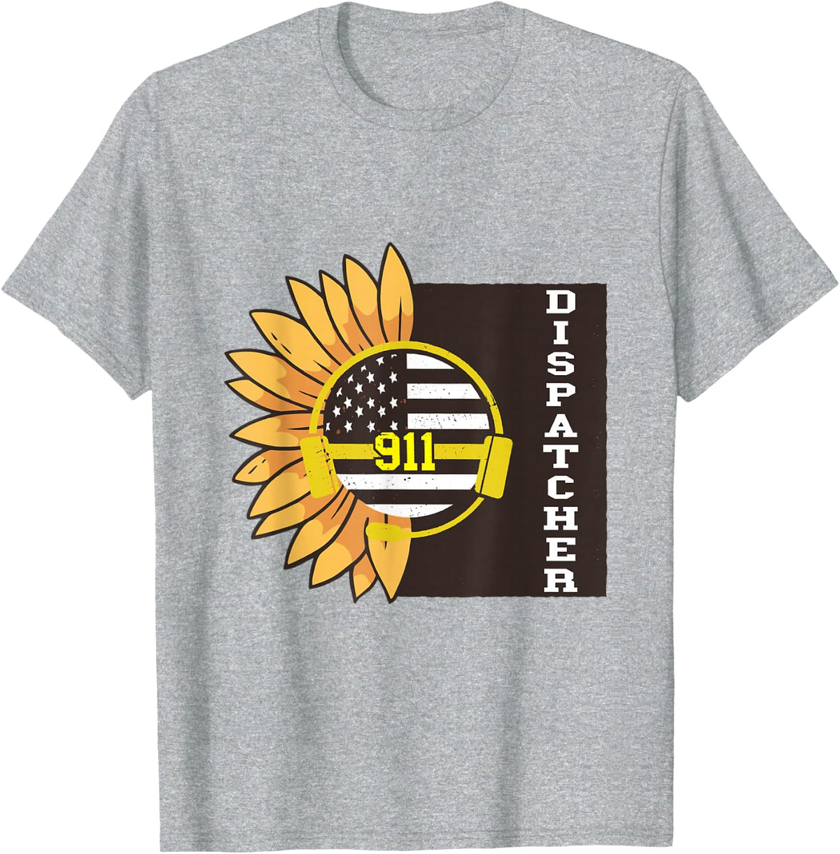 Dispatcher Call Sunflower America Flag Call Thin Yellow Line T-Shirt - Heather Grey