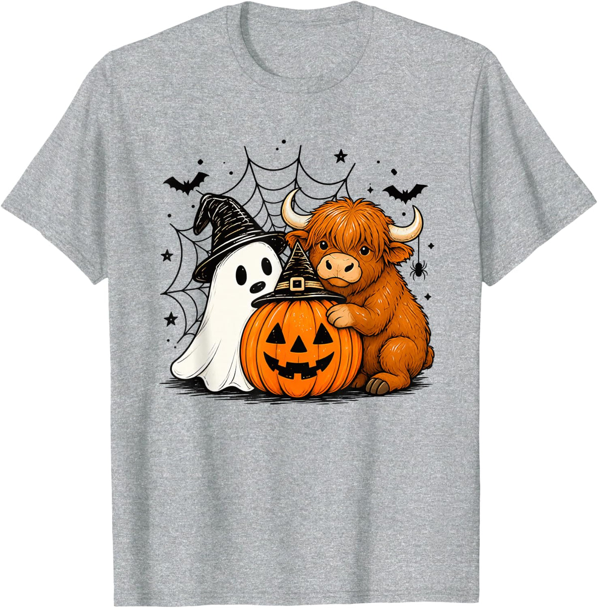 Highland_Cow Halloween Ghost Pumpkin Cute Spooky Costume T-Shirt - Heather Grey