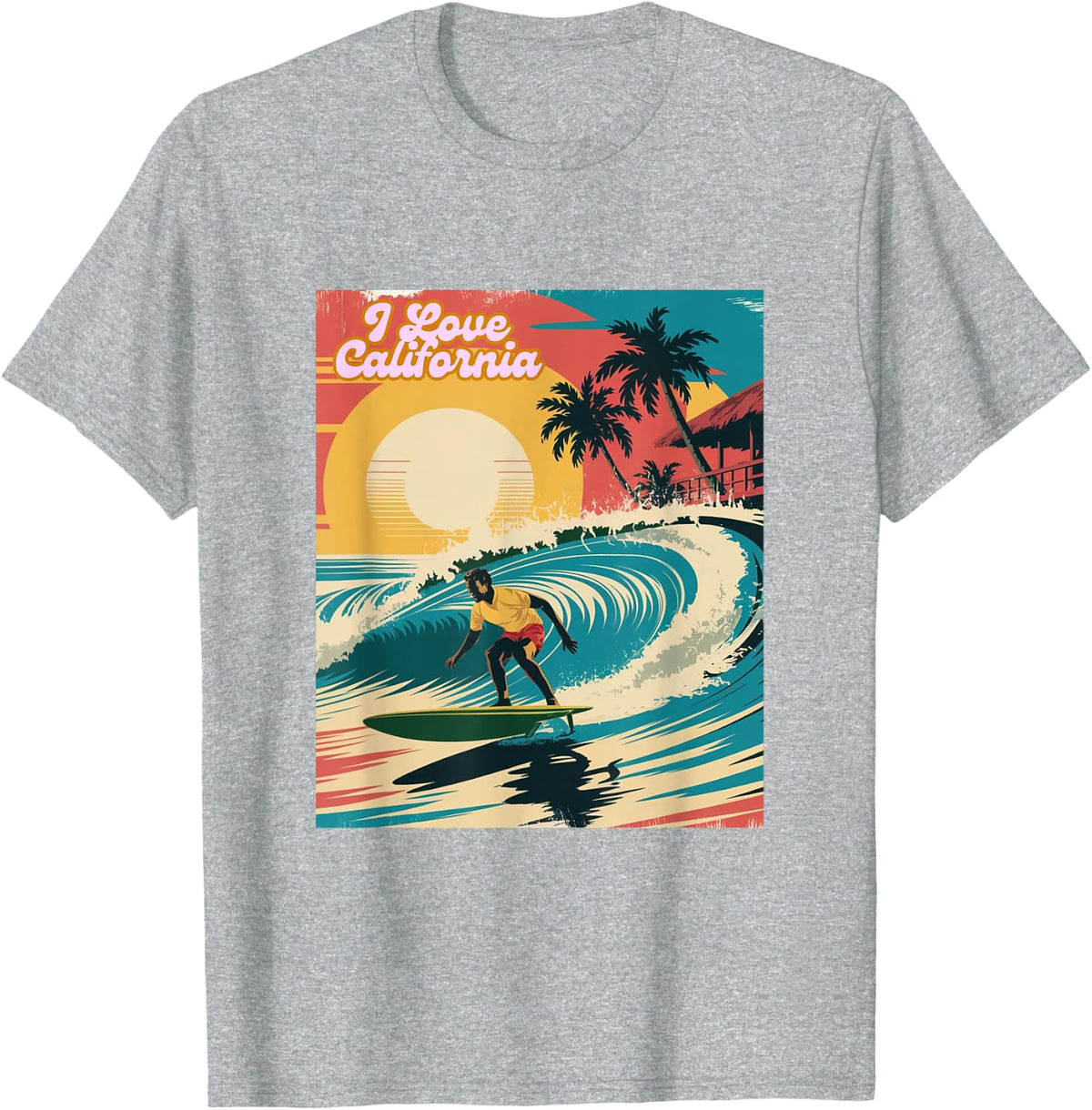 Retro Sunset Surfing Tee - Vintage California Beach Tee T-Shirt - Heather Grey
