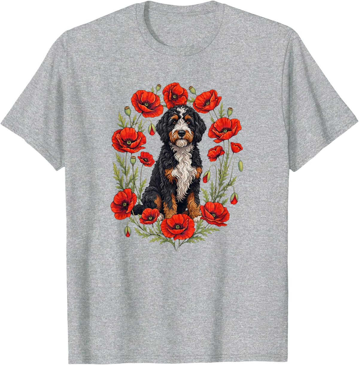 Womens Girls Red Poppy Flower Floral Bernedoodle Dog Love T-Shirt - Heather Grey