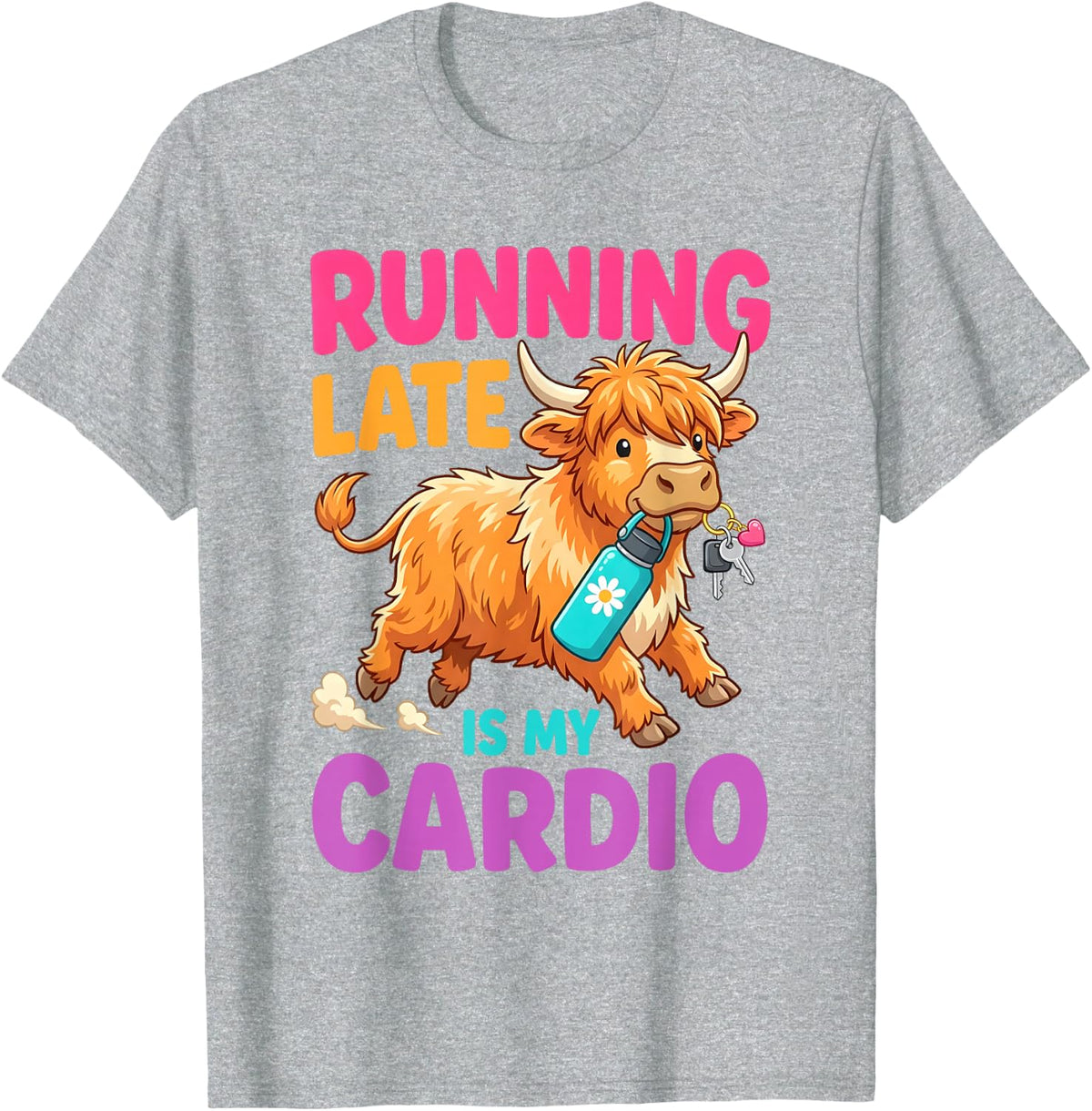 Running Late is My Cardio Highland Cow Keys T-Shirt - Heather Grey