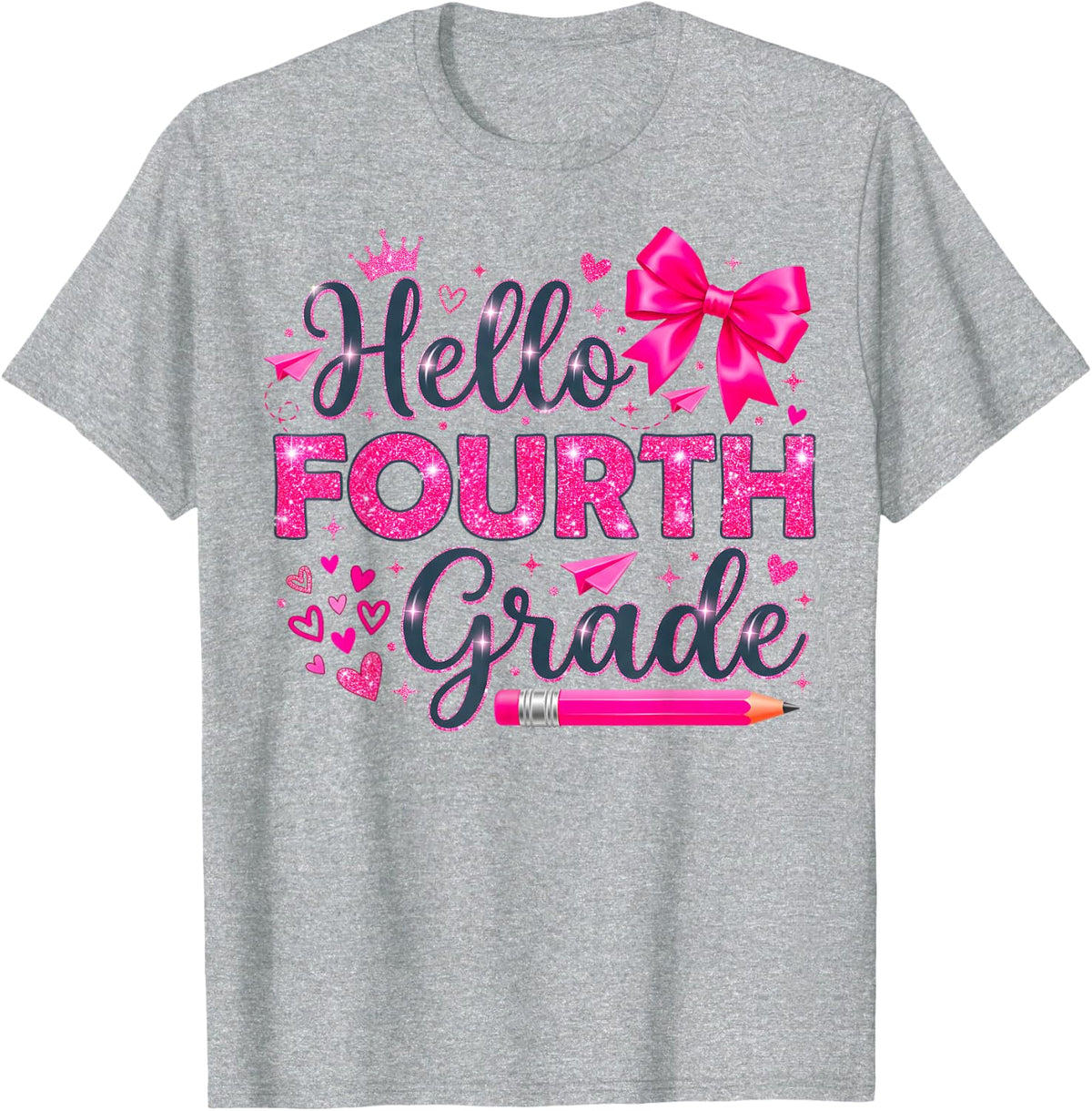 Hello Fourth Grade First Day of School Coquette Teacher Girl T-Shirt - Heather Grey