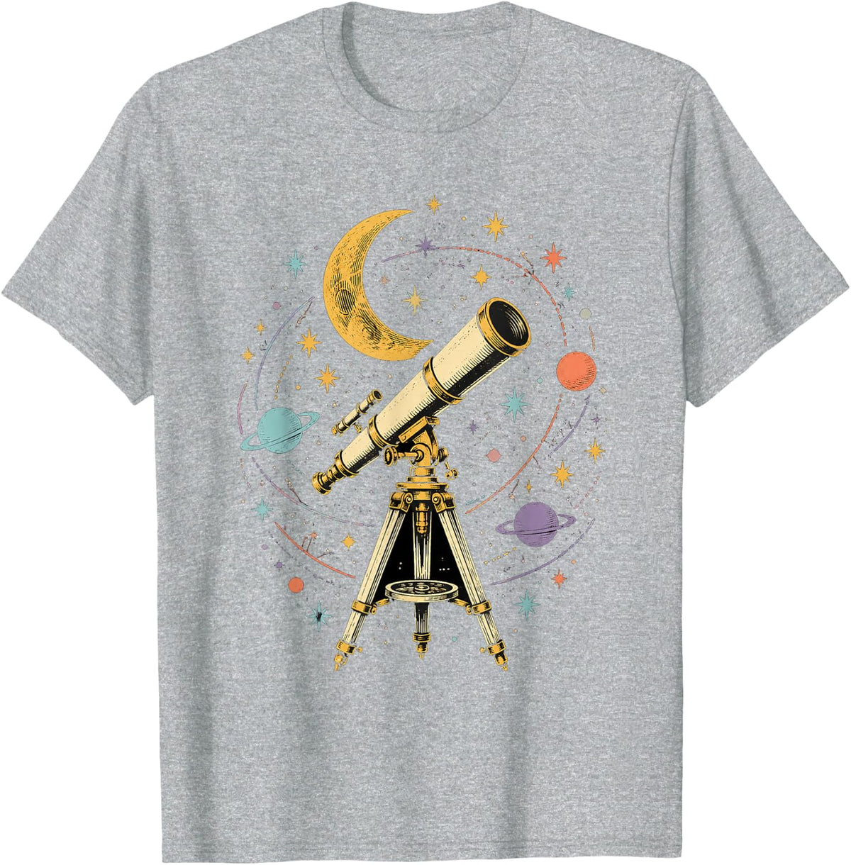 Vintage Telescope Crescent Moon Astronomy Art T-Shirt - Heather Grey