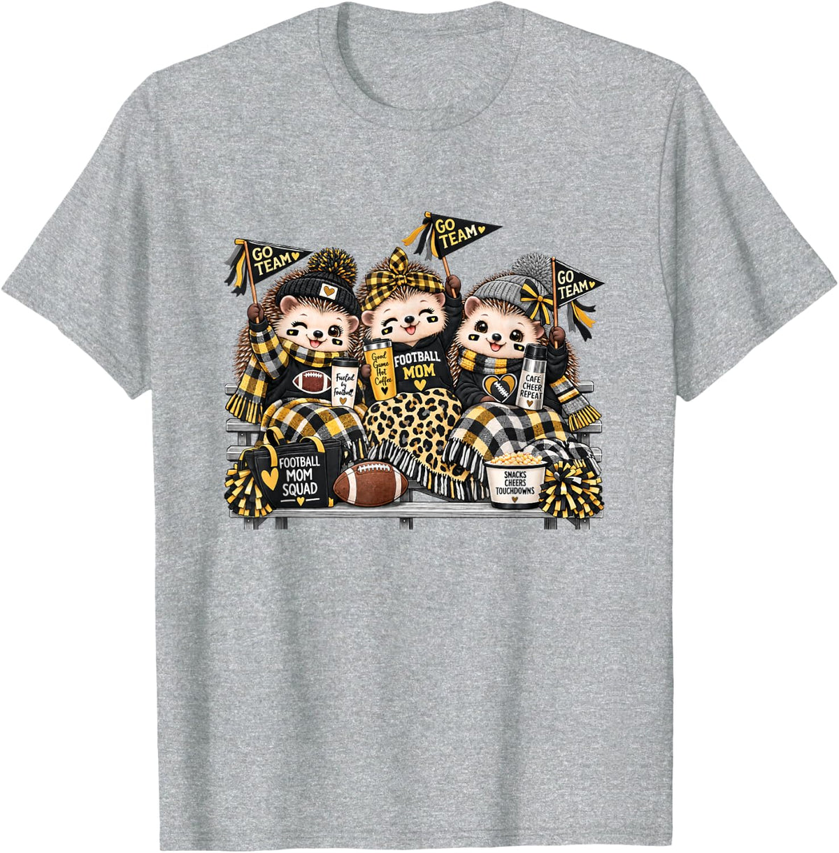 Football Mom Squad Cute Hedgehog Game Day Cheer Black Golden T-Shirt - Heather Grey