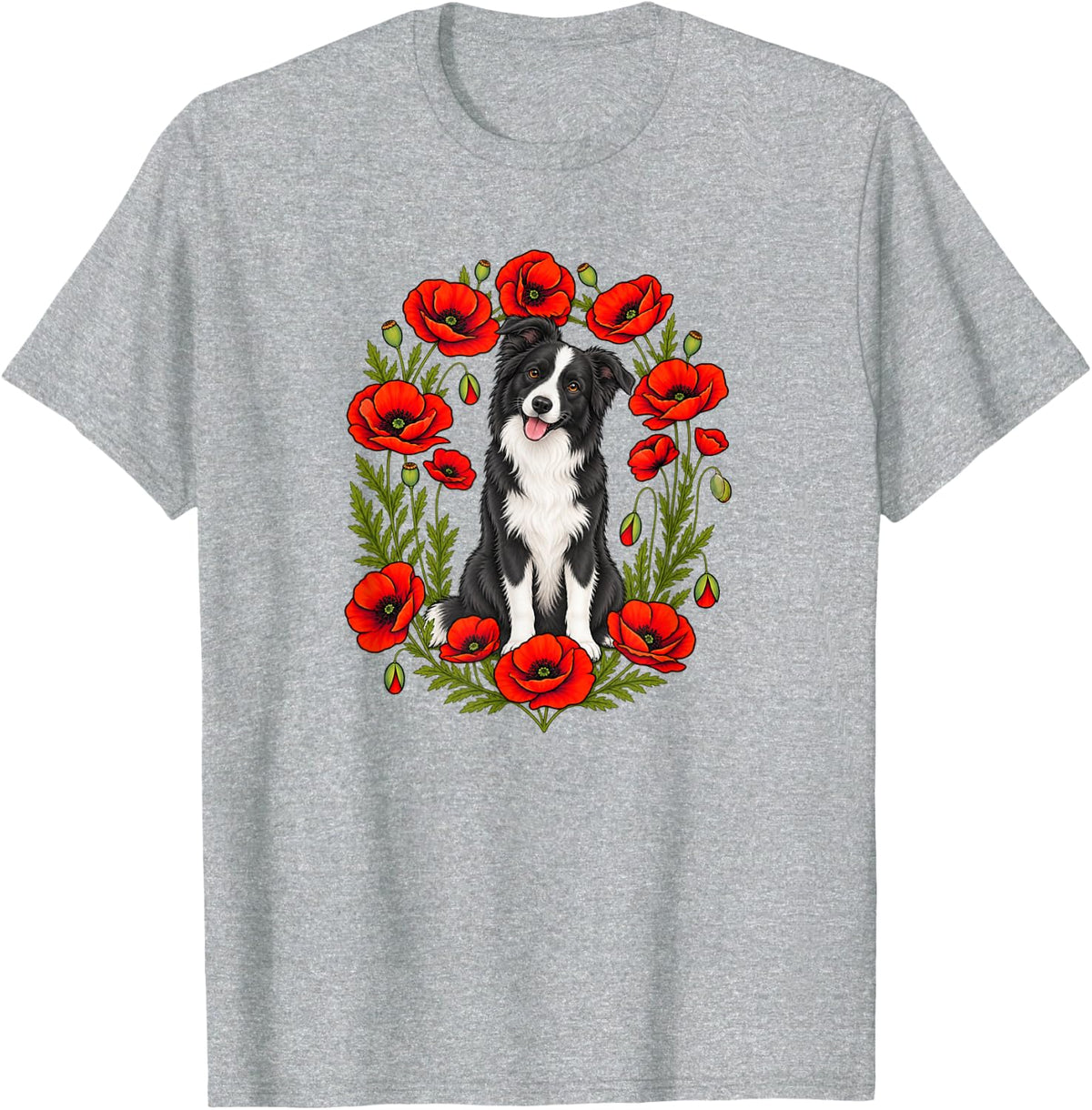 Womens Girls Flower Floral Black & White Border Collie Lover T-Shirt - Heather Grey