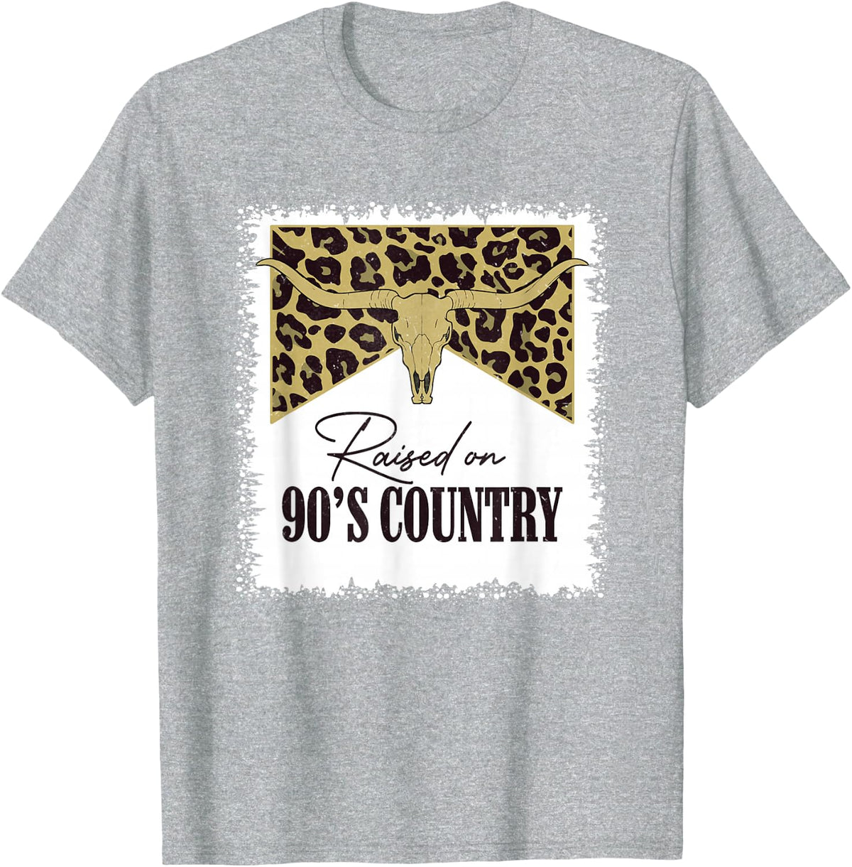 Raised On 90's Country Vintage Bull Skull Leopard Bleached T-Shirt - Heather Grey