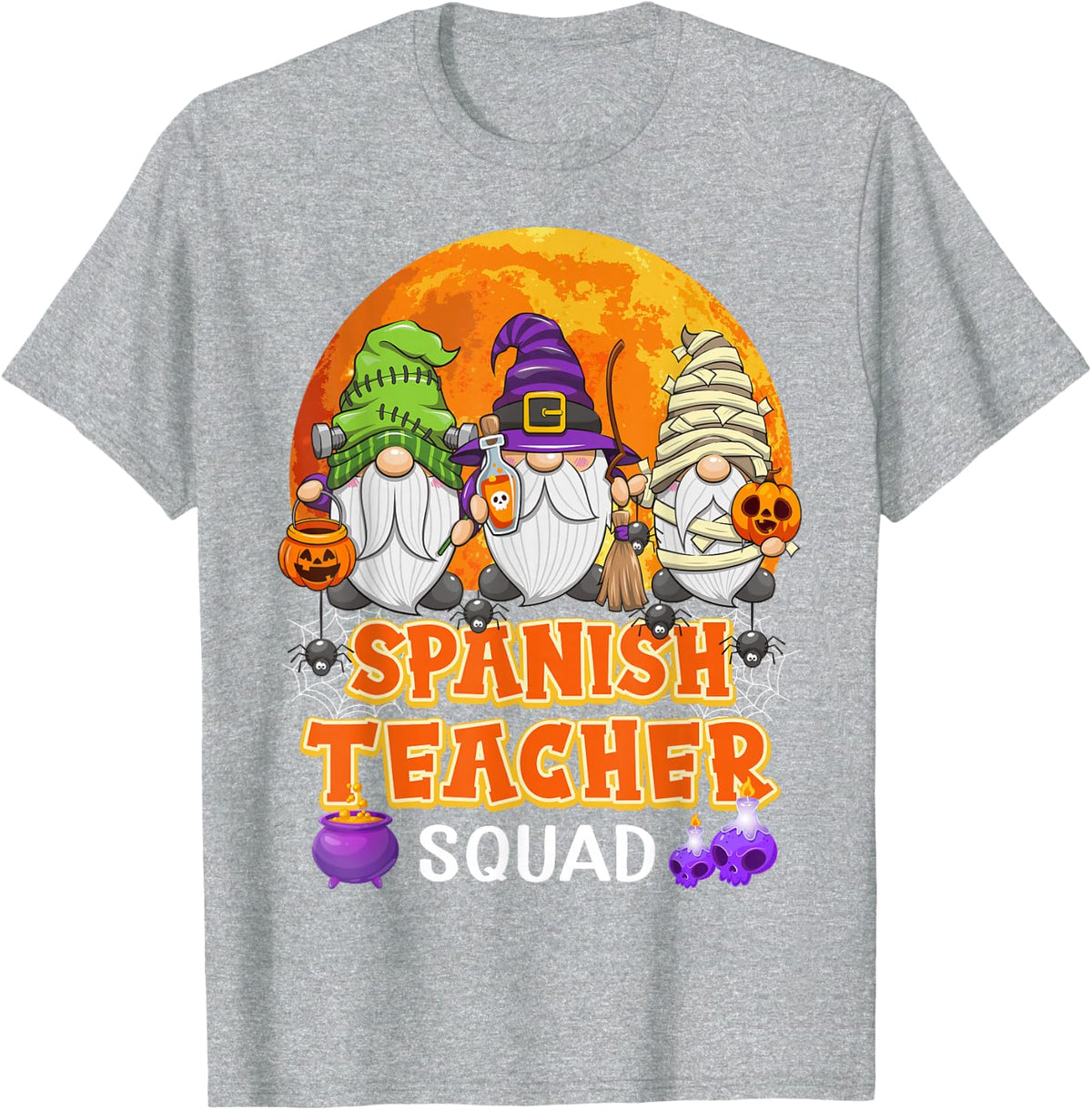 Spanish Teacher Squad Halloween Gnome Matching T-Shirt - Heather Grey