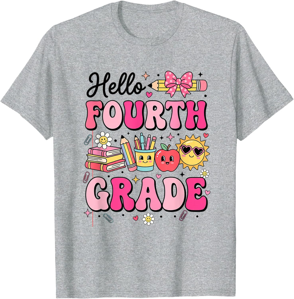 Hello Fourth Grade Back to School Retro Teacher Student T-Shirt - Heather Grey