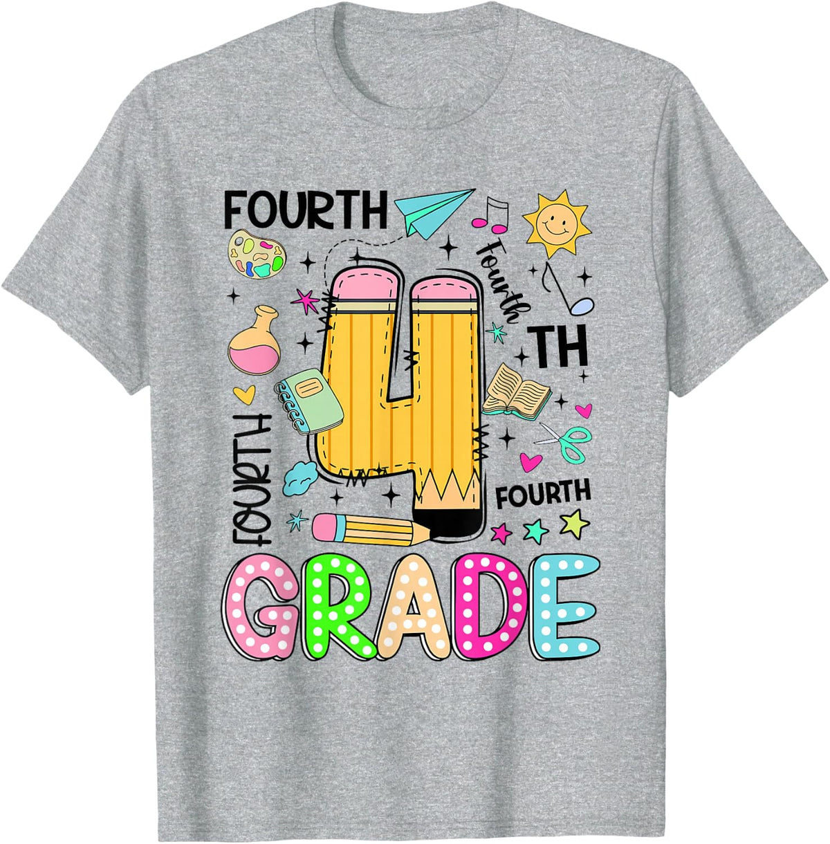 Preppy Fourth Grade Back to School Pencil Student Teacher T-Shirt - Heather Grey
