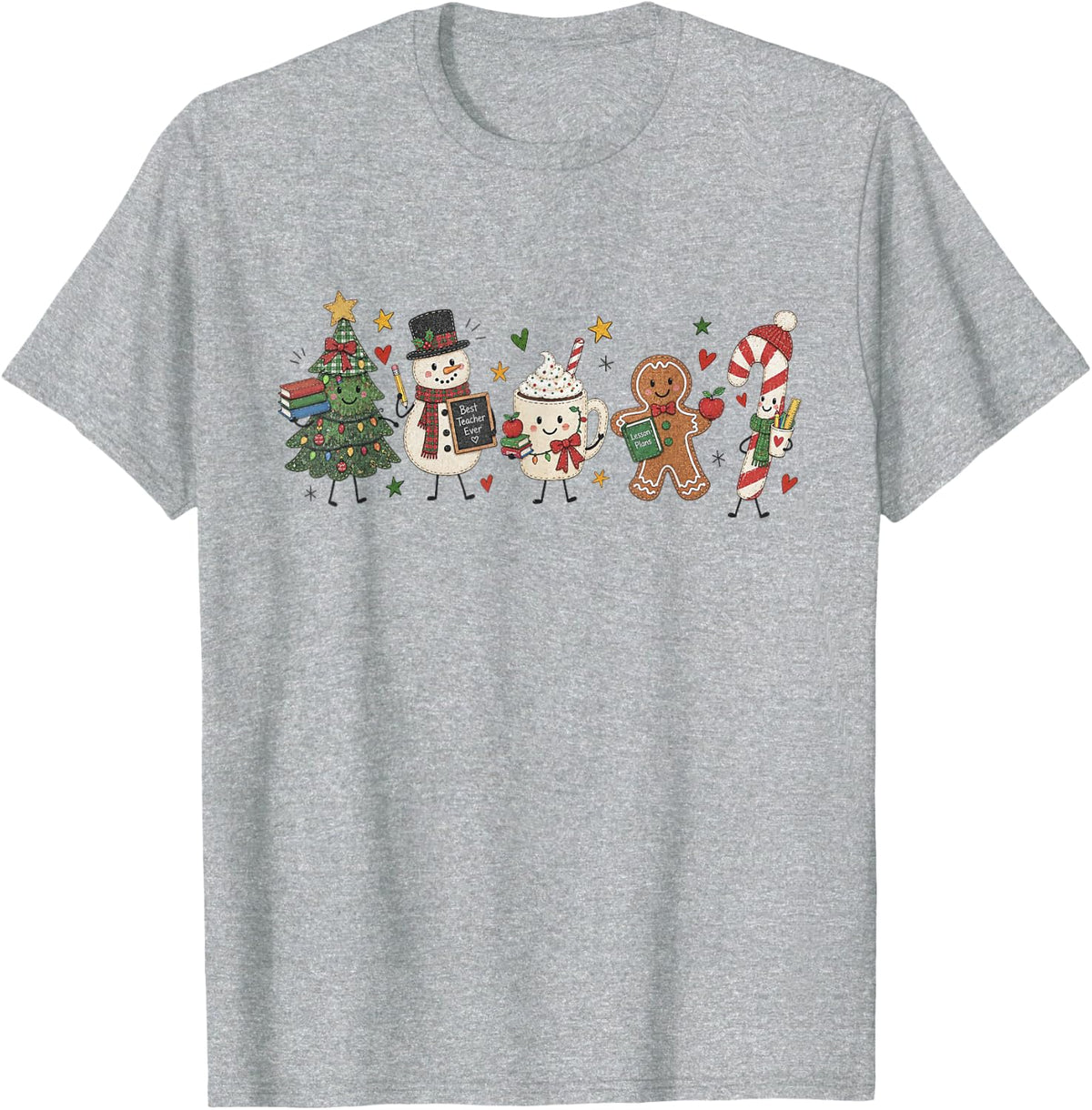 Funny Gingerbread Snowman Christmas Tree Characters Teacher T-Shirt - Heather Grey