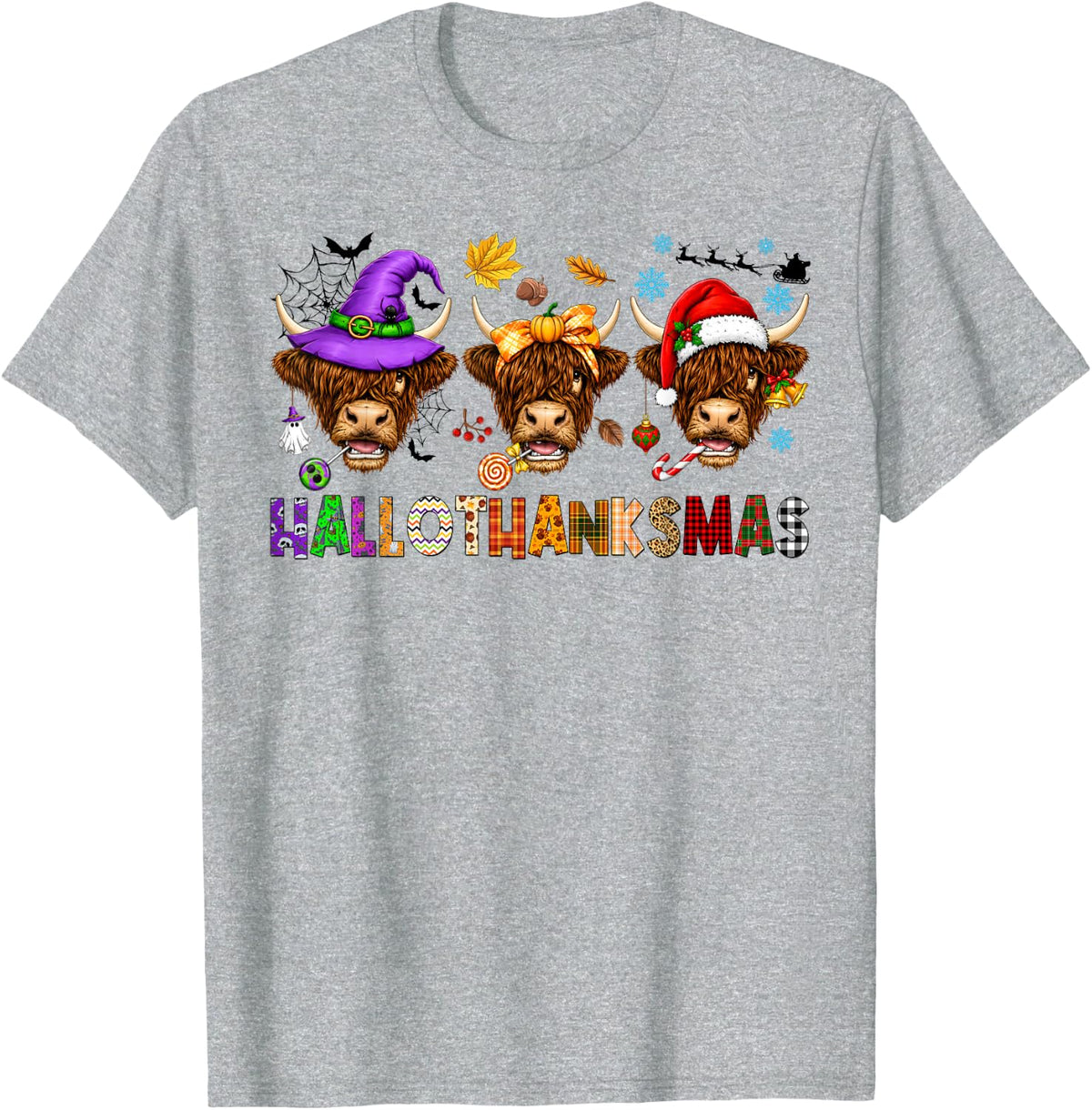 Hallothanksmas Highland Cows Halloween Thanksgiving Xmas T-Shirt - Heather Grey