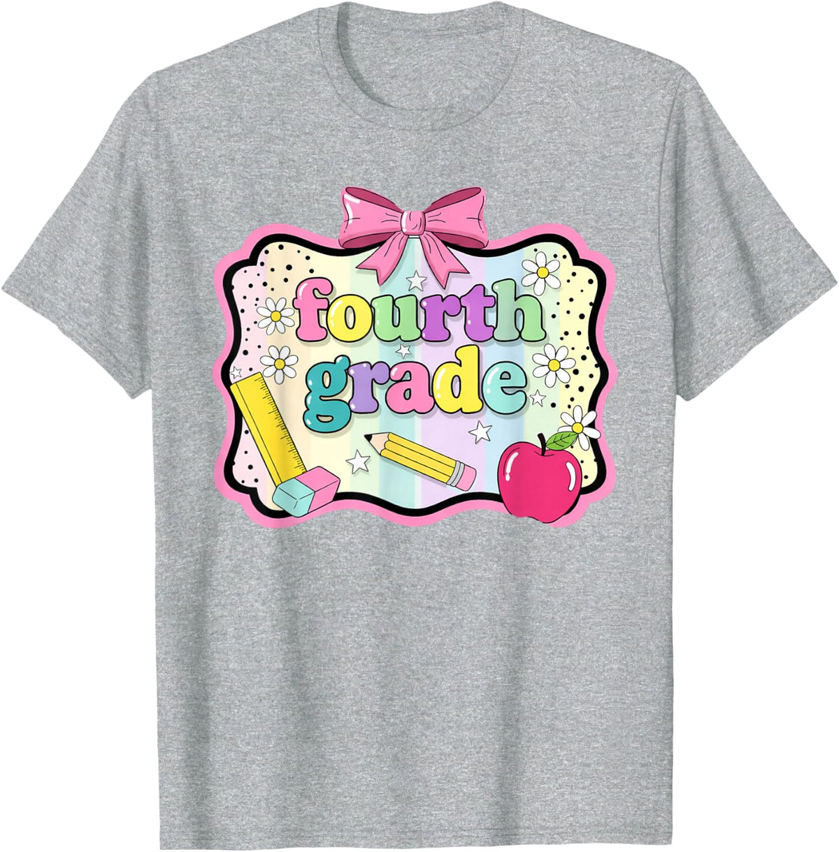 4th Fourth Grade Bow Rainbow Back to School First Day Girls T-Shirt - Heather Grey