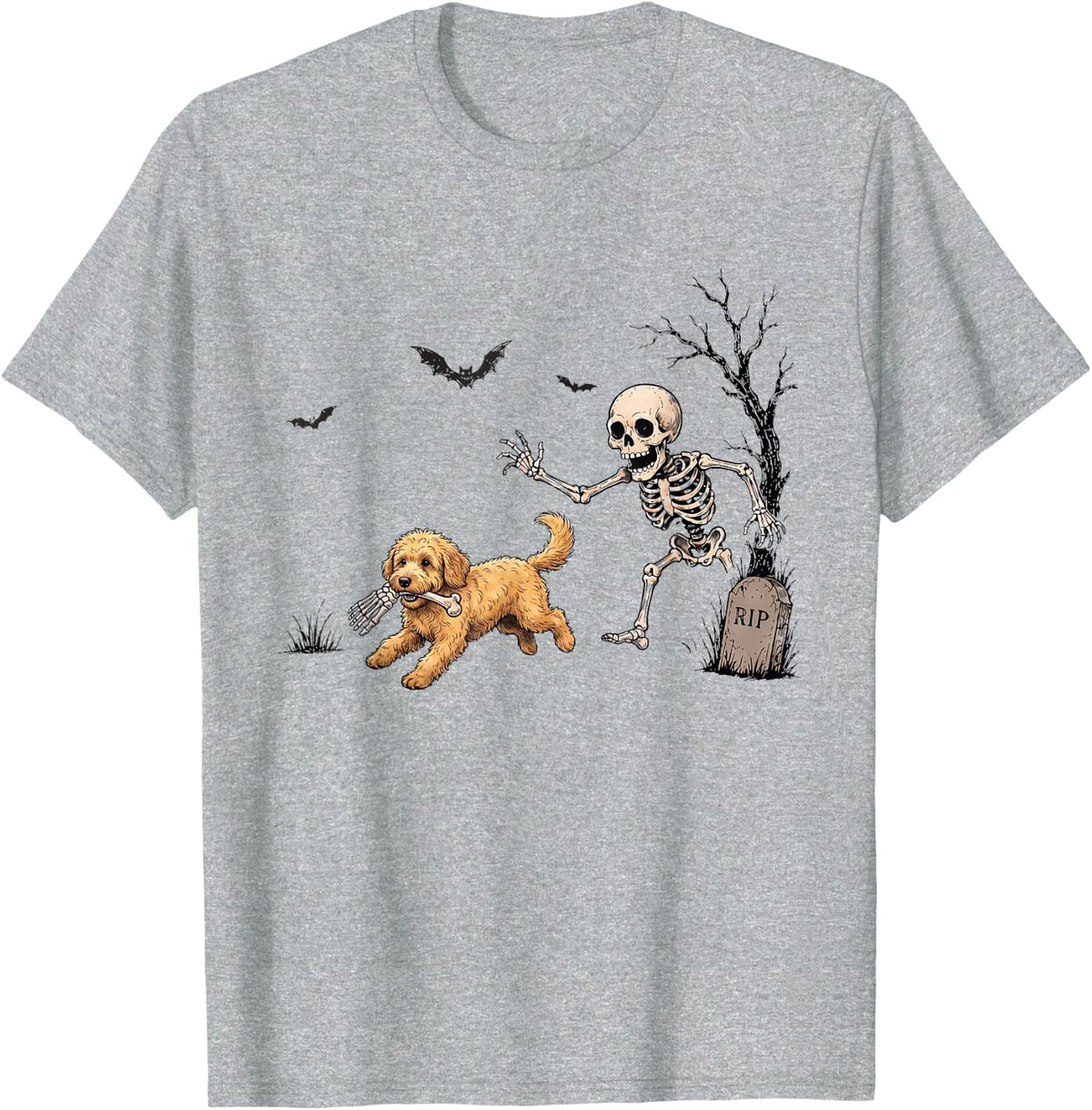 Cute Funny Skeleton Chasing Goldendoodle Dog Lover Halloween T-Shirt - Heather Grey