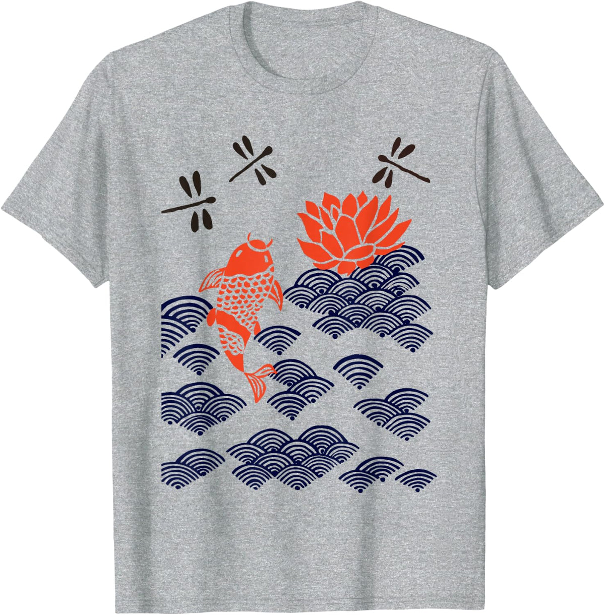 Japanese Style Koi Fish Dragonfly Wave Art Print Tee T-Shirt - Heather Grey
