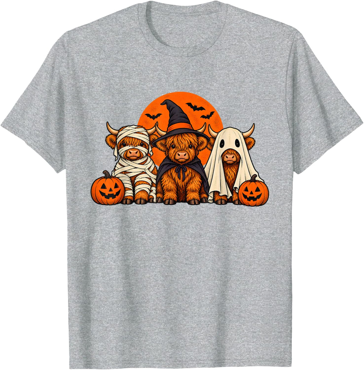 Halloween Highland Cow Mummy Witch Ghost Cute Cow Trio T-Shirt - Heather Grey
