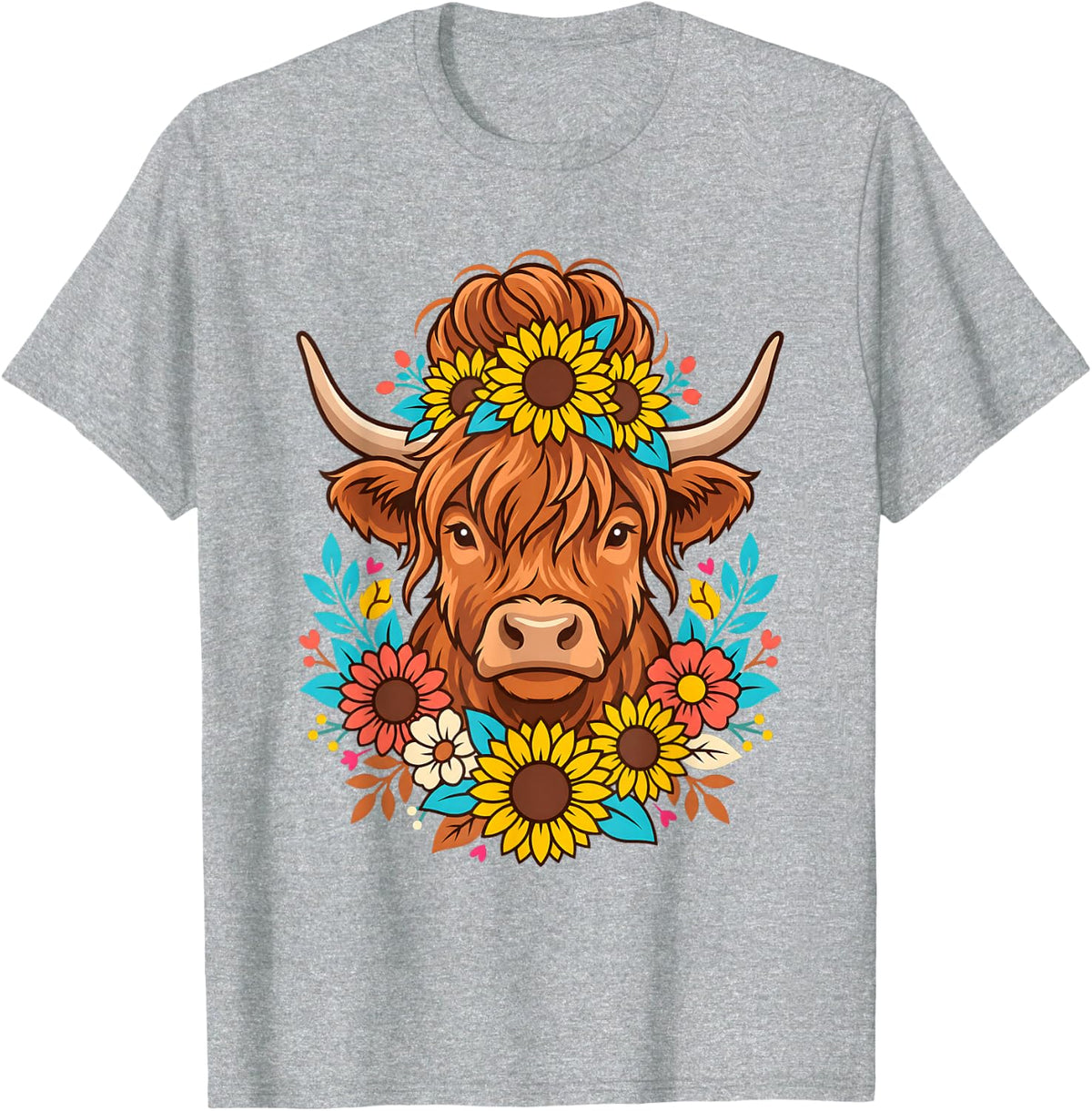 Highland Cow Sunflower Messy Bun Floral Wreath T-Shirt - Heather Grey