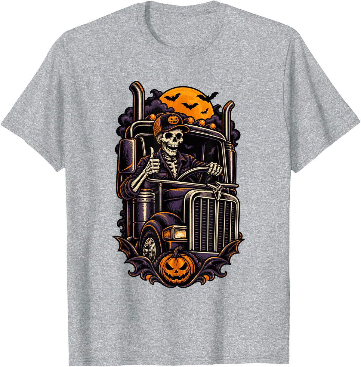 Skeleton Trucker Halloween Semi Truck Driver Spooky T-Shirt - Heather Grey