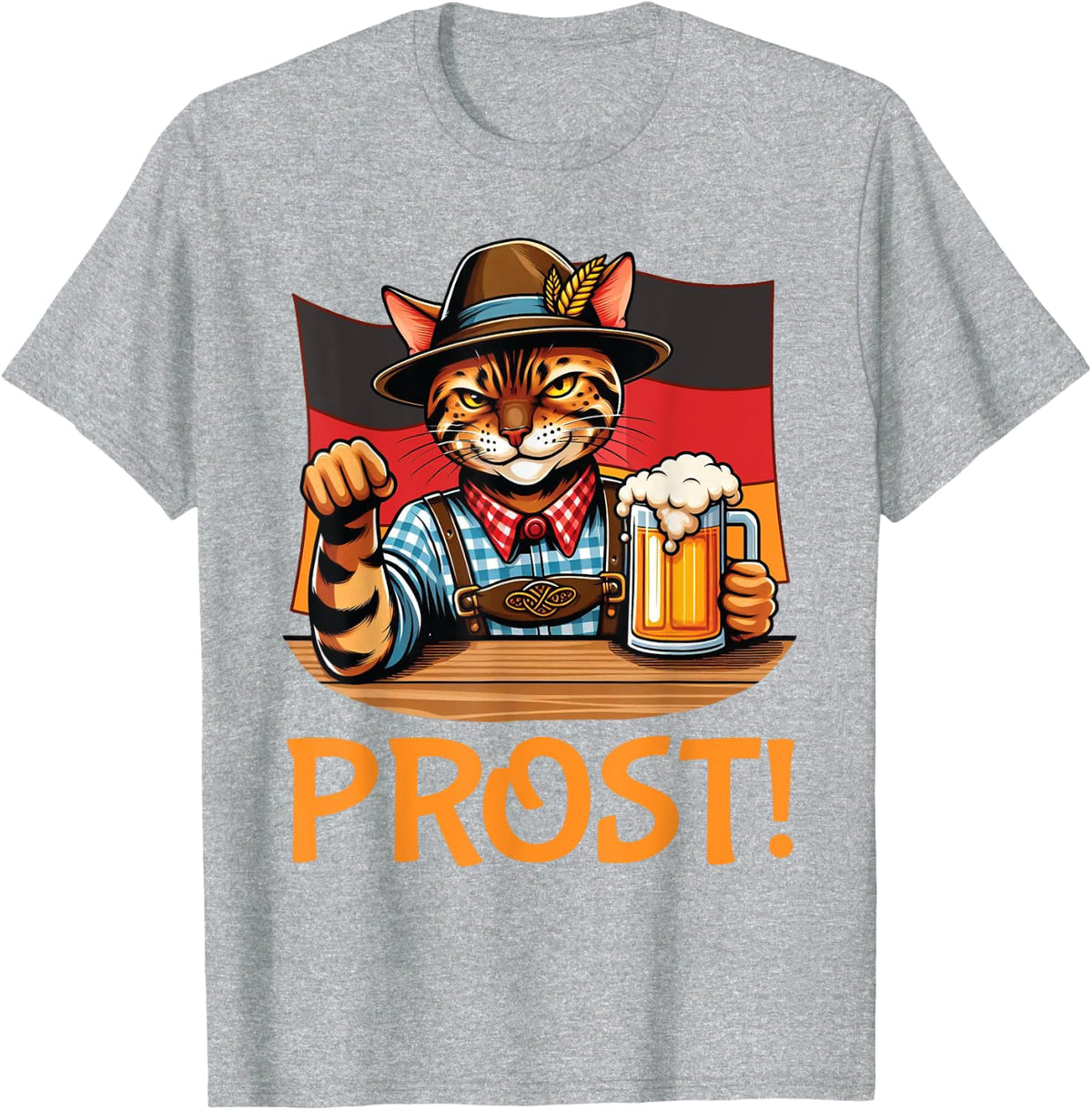 Bengal Cat Bavarian German Drinking Beer Oktoberfest PROST T-Shirt - Heather Grey