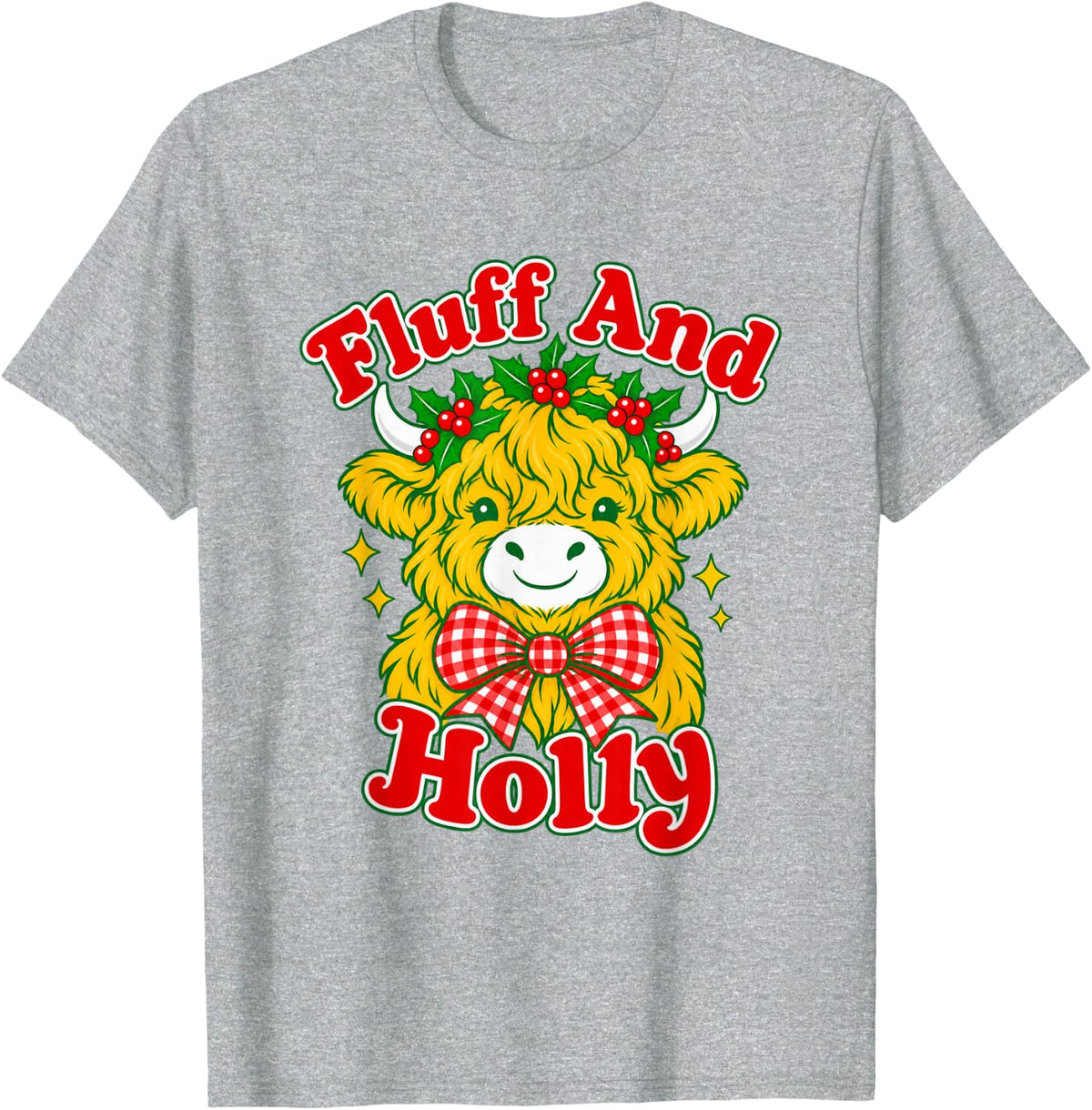 Fluff and Holly Highland Cow Gingham Bow Christmas Crown T-Shirt - Heather Grey