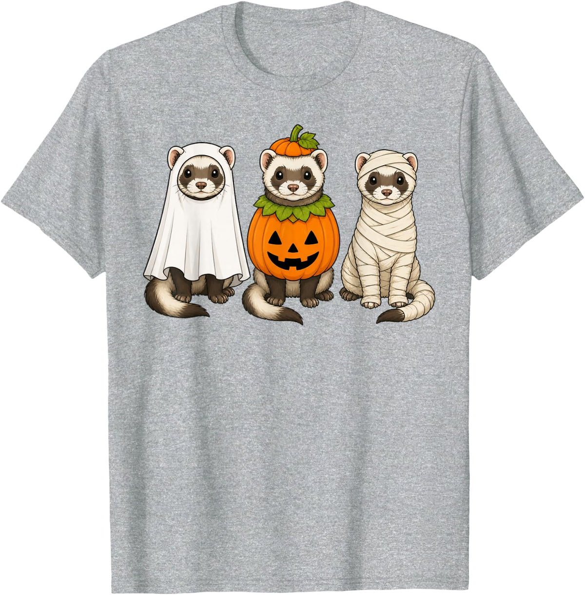 Spooky Ferret Pumpkin Ghost Halloween T-Shirt - Heather Grey