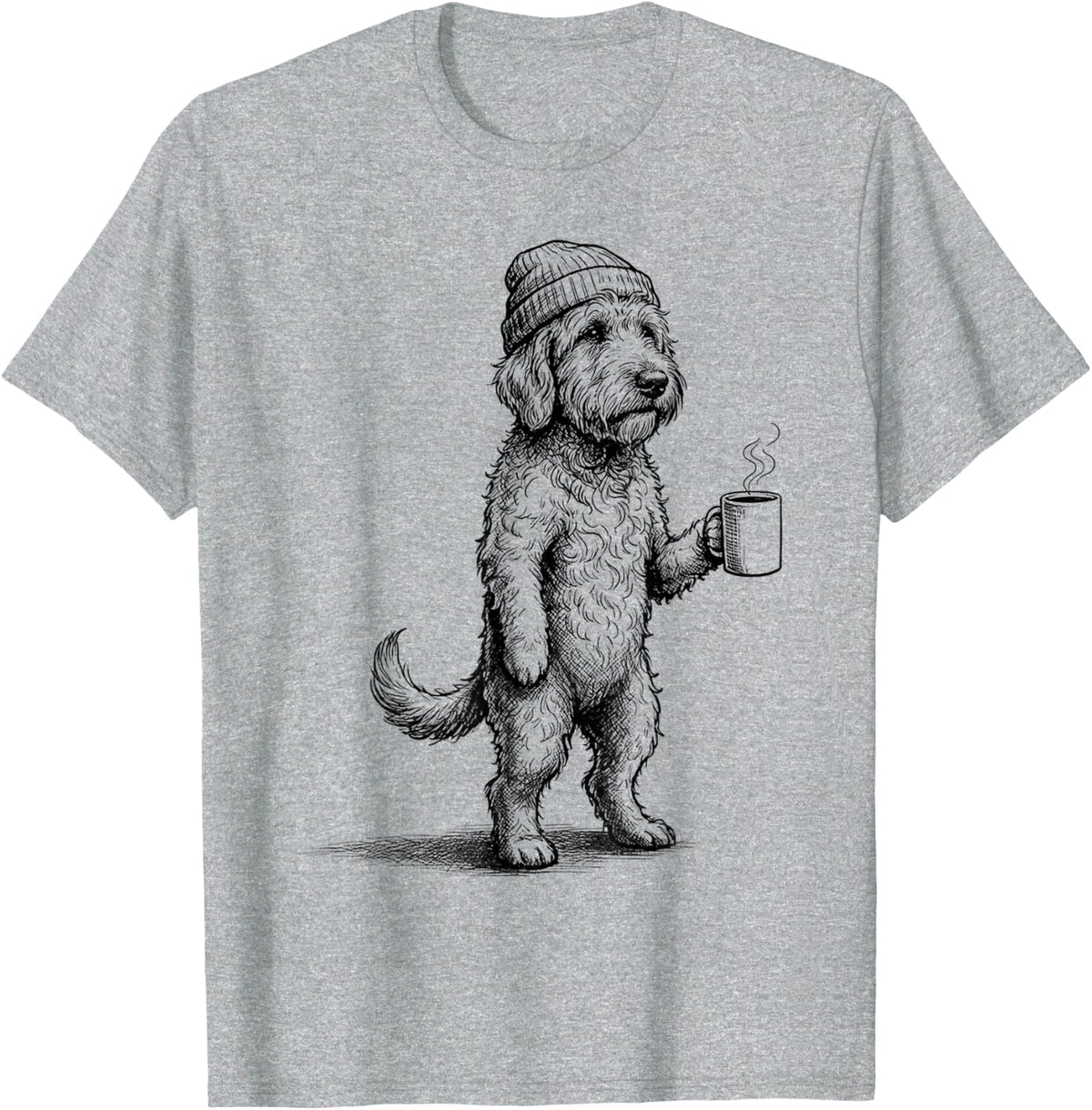 Grumpy Goldendoodle Dog Drinking Coffee Funny T-Shirt - Heather Grey