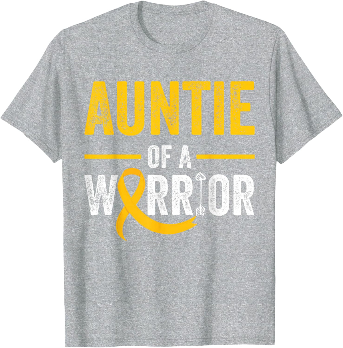 Auntie Of A Warrior Childhood Cancer Awareness T-Shirt Tee September Gold Ribbon - Heather Grey
